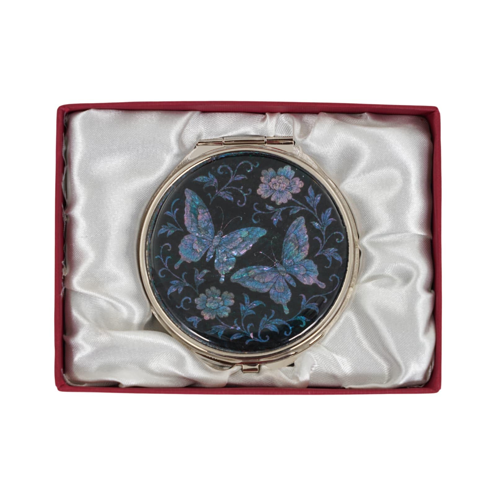 February Mountain Mother of Pearl Compact Mirror – Dual Magnification Gift for Women, Mom, Sister – Birthday or Christmas Idea (1, Moonlight Butterflies)