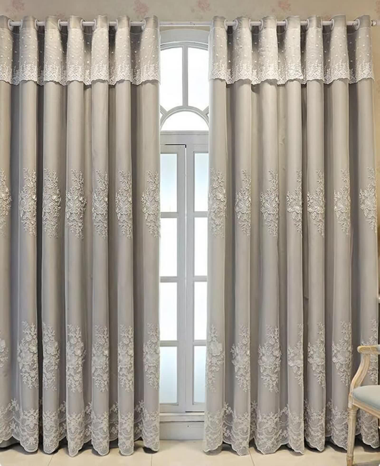 Rideau Chambre Gris, Occultant Rideau Salon Moderne Polyester Coton Broderie en Dentelle Double Couche Lot de 2 LxH 102x244cm