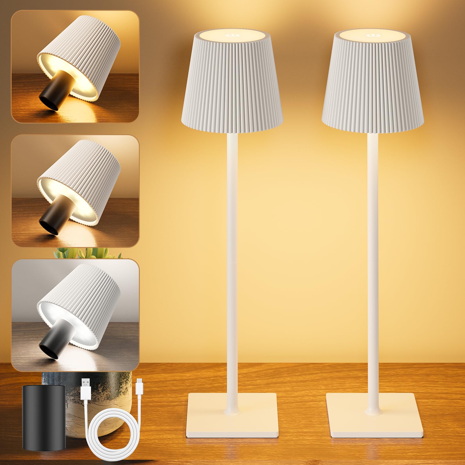 Lampe de Table Sans Fil, 2 Pièces Lampes de Table LED Tactile avec USB-C et Bouchon de Bouteille, Lampe de Table Batterie Rechargeable pour Restaurant, Chambre, Camping, L'extérieur, Blanc