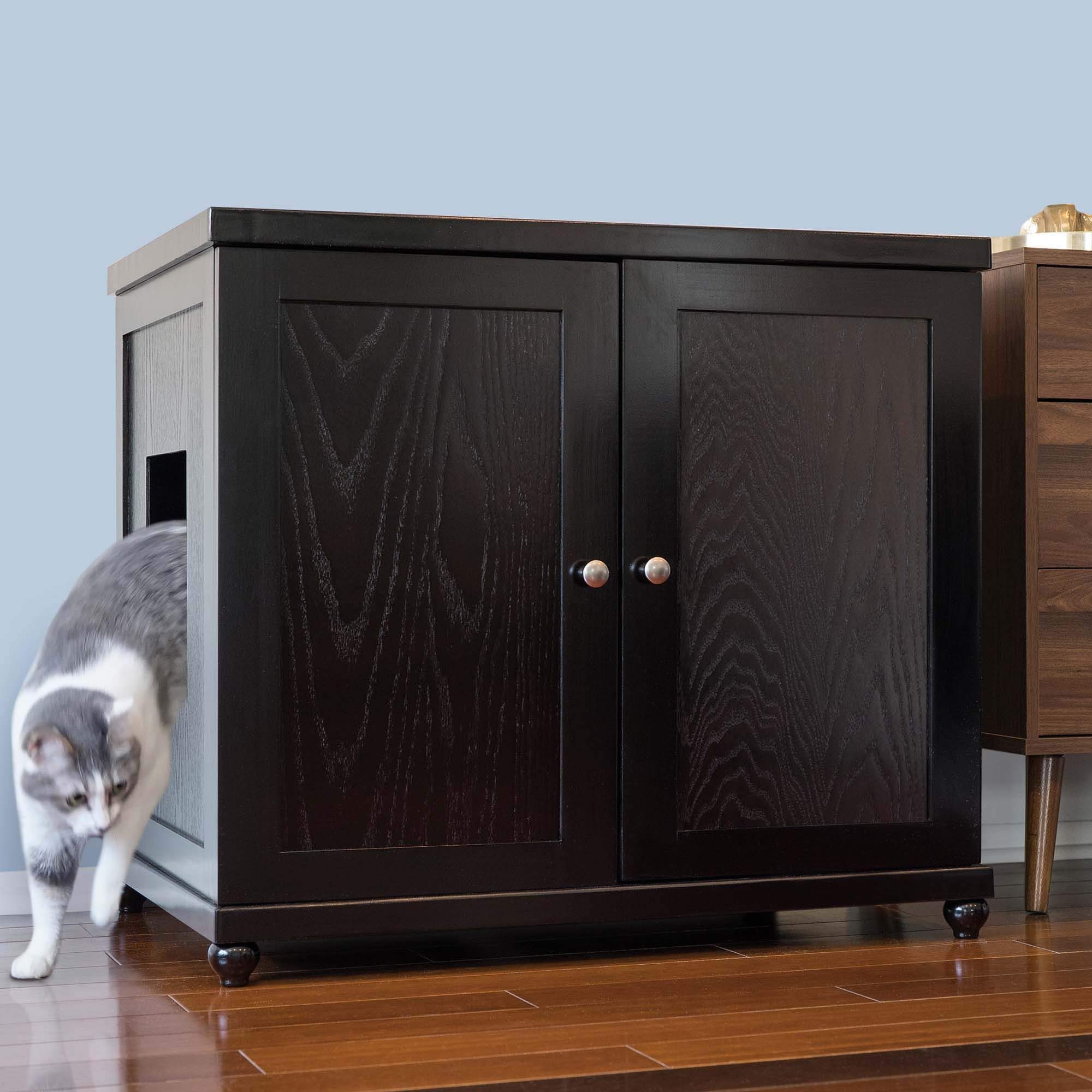 The Refined Feline Cat Litter Box Enclosure Cabinet, Modern, Black Espresso, Mid-Century Feet, XLarge, Hidden Litter Cat Furniture with Drawer