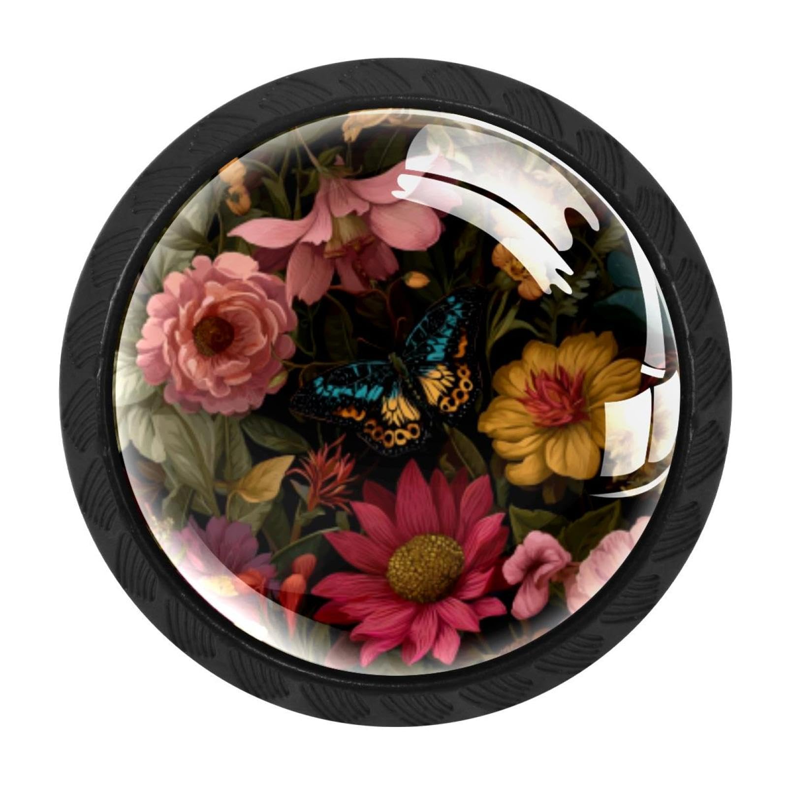 CHENZZZZ 4 Pack Black Floral Background with Butterfly (3) Cabinet Pulls with Screws, Kitchen Cabinet Knobs Hardware
