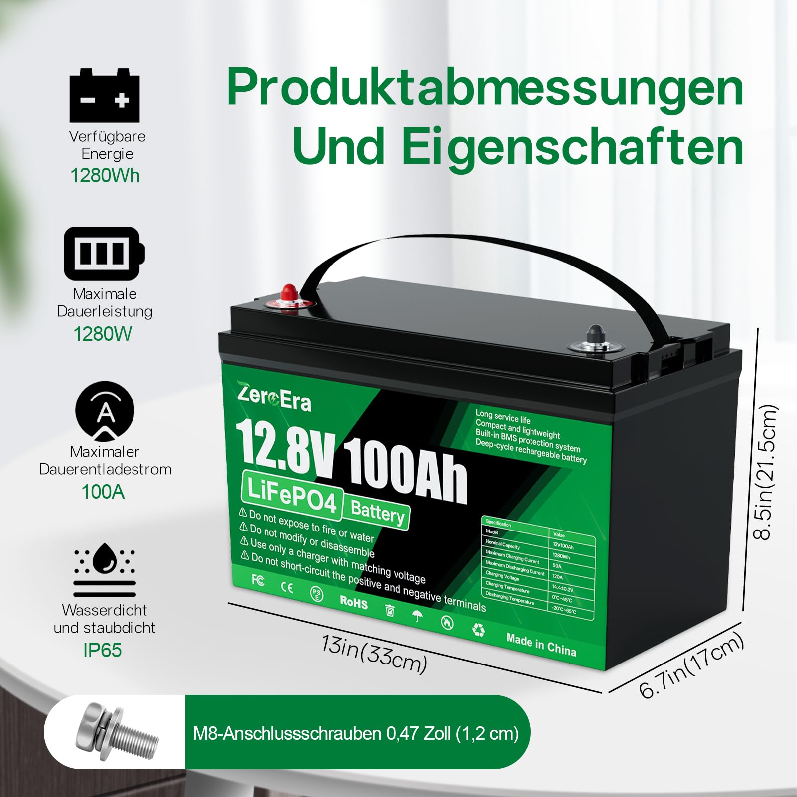 LiFePO4 Batterie 12V 100Ah,1280Wh Lithium Batterie mit Tieftemperatur Schutz 100A BMS,10000–15000 Ladezyklen,Unterstützt Reihen/Parallelschaltung für Haushalt,Boote,Wohnmobile(1 * 12V 100AH)