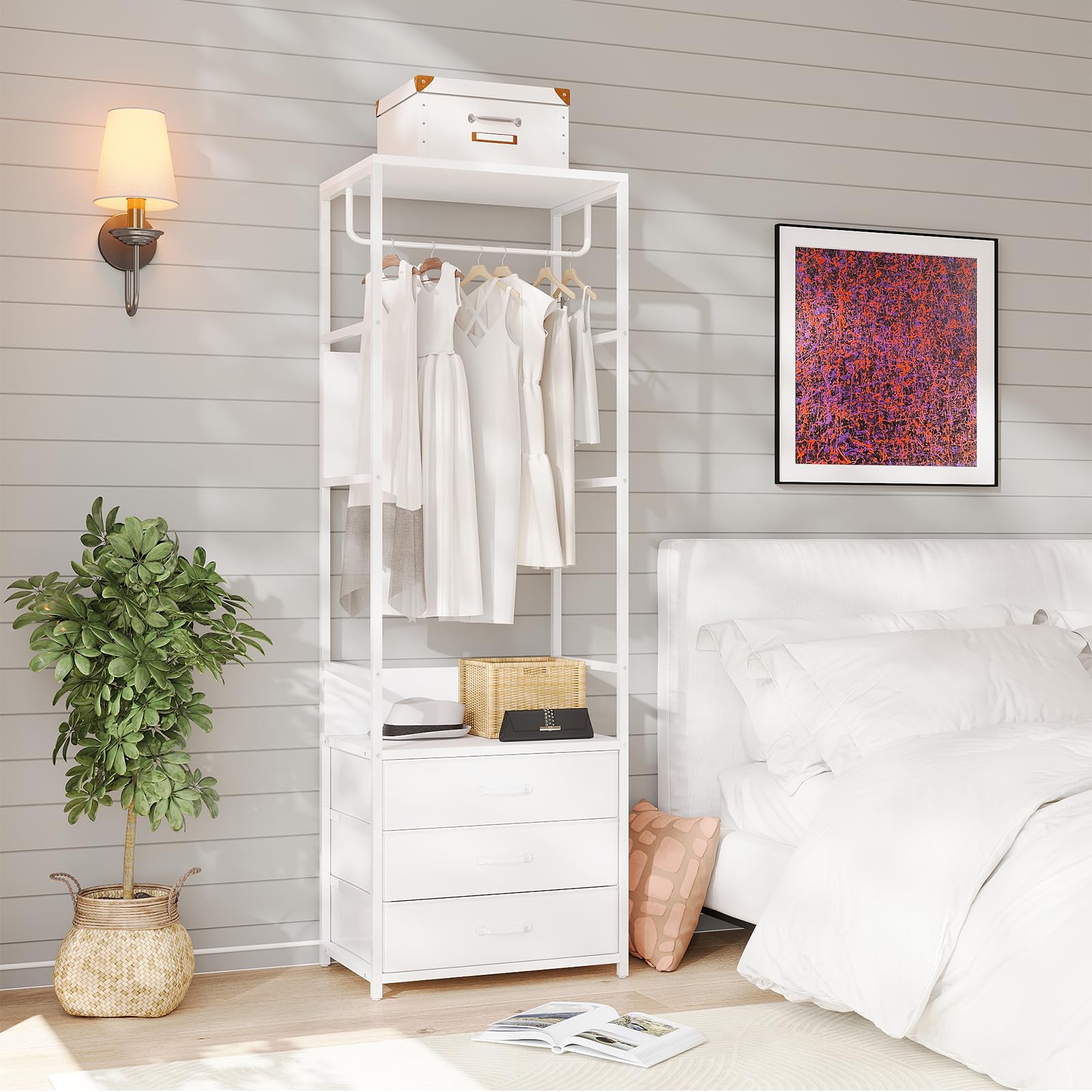 VOWNER Appendiabiti da Terra con Panca e 3 Cassetti, Mobile Ingresso Multifunzionale 60cm, Stand Appendiabiti con Barra e Scarpiera, Attaccapanni Salvaspazio Moderno per Corridoio e Camera, Bianco