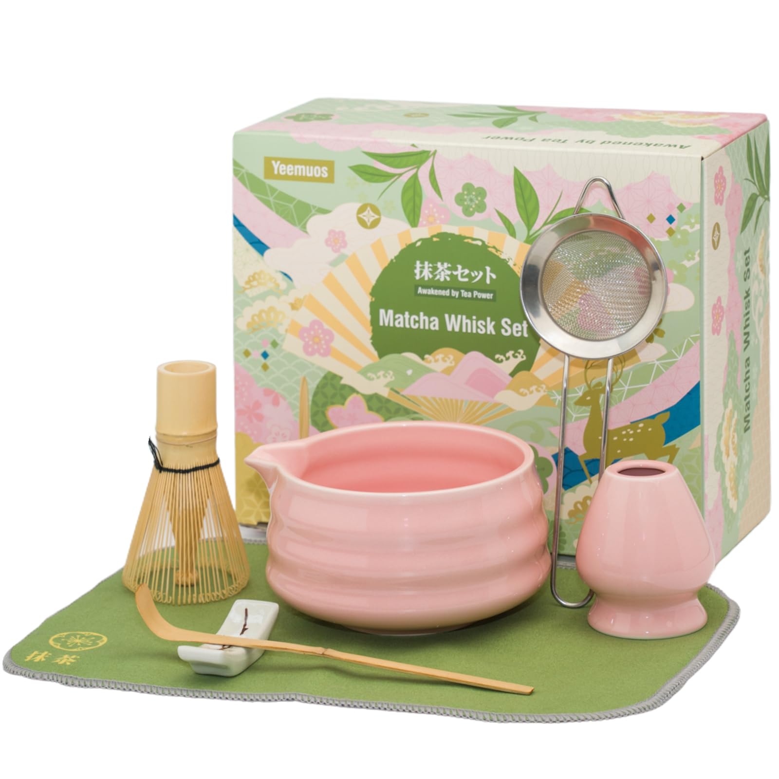 Matcha whisk Set,7 Pcs Matcha Making Kit with whisk Whisk, Ceramic Bowl, Sifter, Scoop, Holder, Stand, and Tea Towel for Ultimate Matcha Experience(Pink)