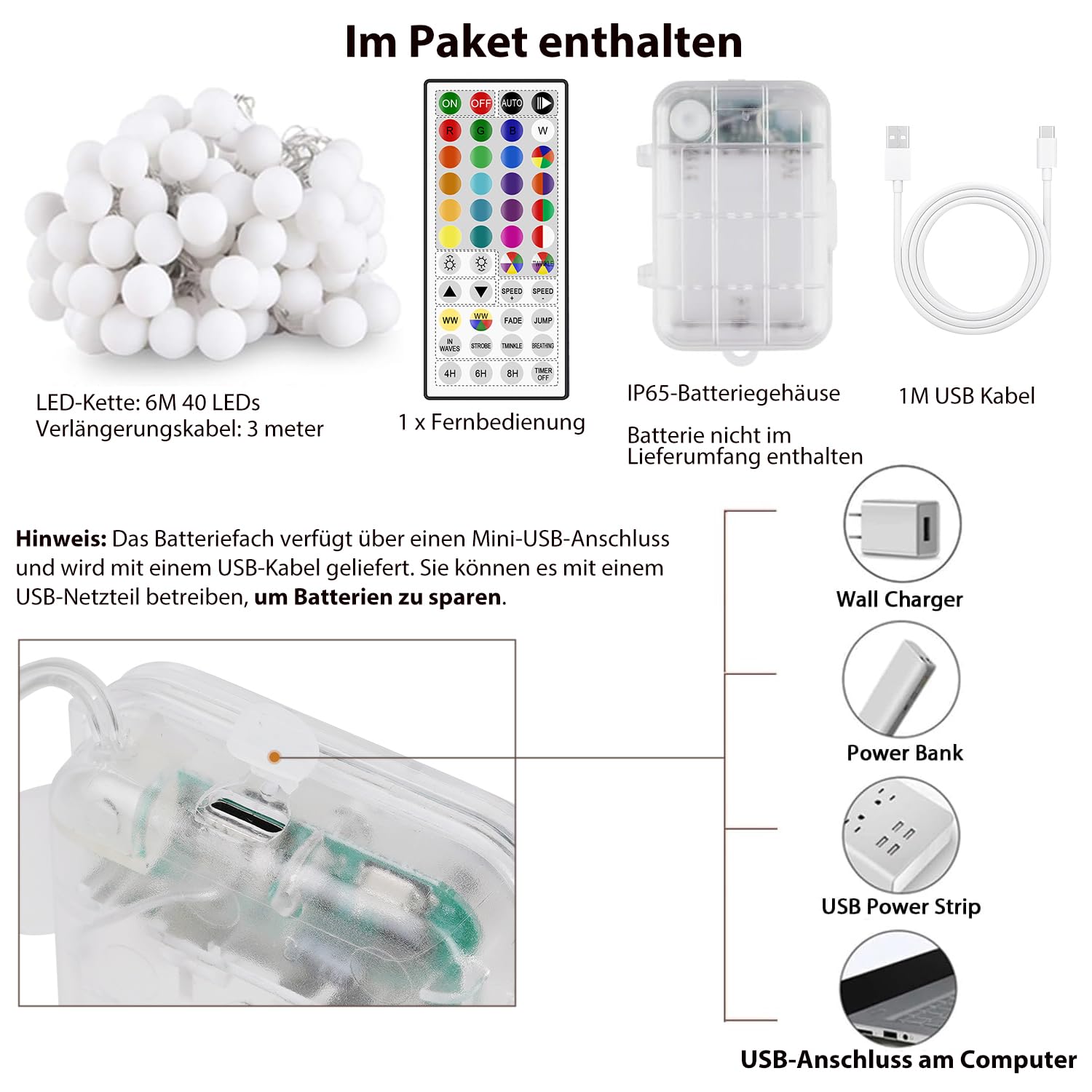 StarryEver 40 LED Lichterkette Batterie & USB, 6M 25 Farben RGBWW Globe Lichterketten Außen/Innen mit Fernbedienung Timer, Kugel Lichterkette für Weihnachten Garten Zimmer Kinderzimmer Klassenzimmer