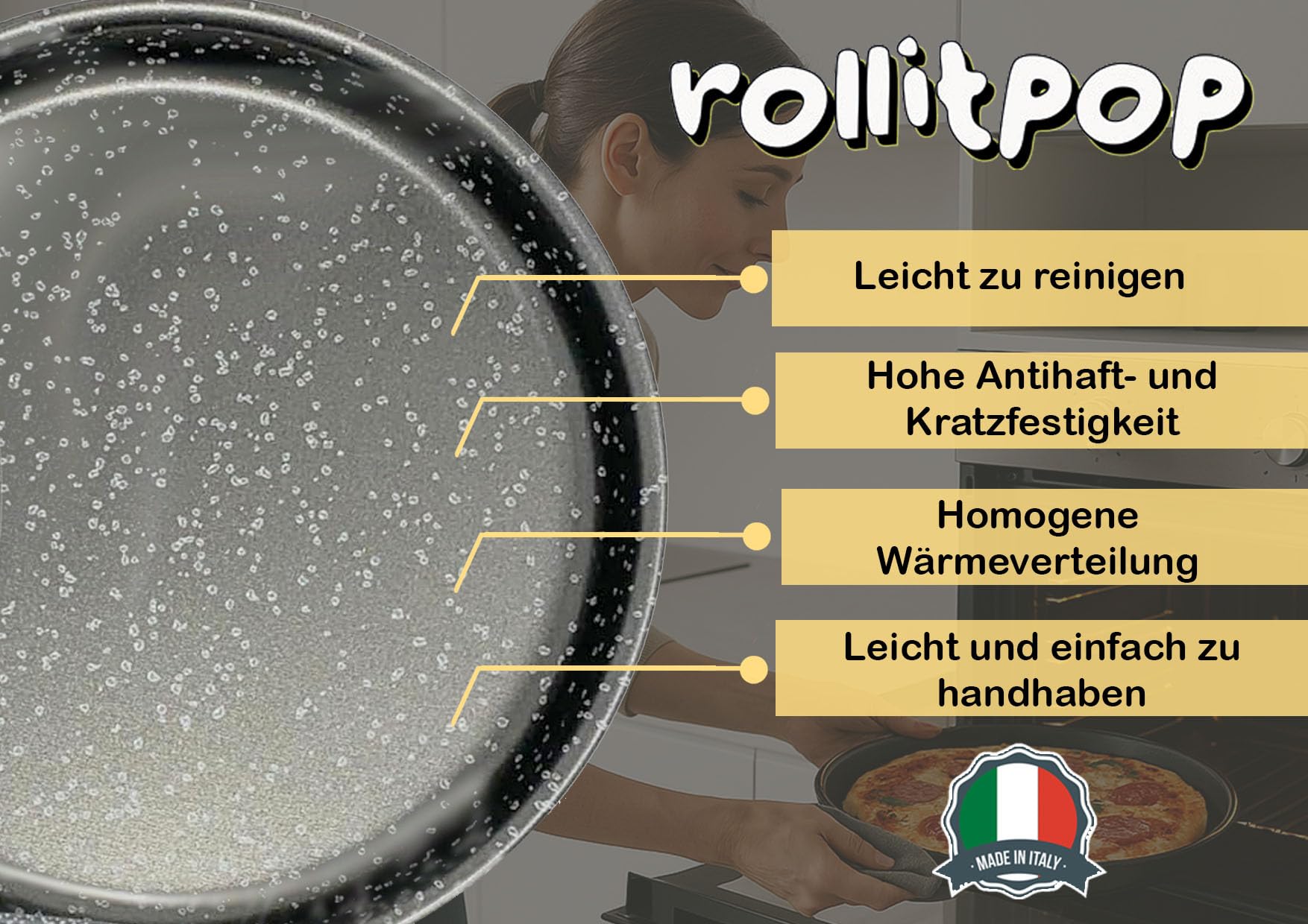 Runde Backform für Pizza und Farinata, 34 cm, Made in Italy, hohe Antihaftbeschichtung, aus Aluminium, leicht und einfach zu reinigen, Steineffekt, Vulcania-Serie (2 Backformen)