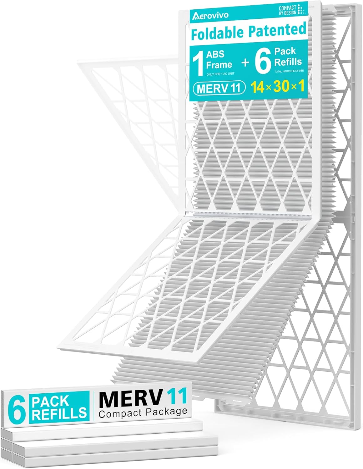 14x30x1 Refillable Air Filter Kit, MERV 11, 1 Reusable Foldable Frame ? 6 Refills, Fits Most AC HVAC Furnace Devices, Actual Size 13.75x29.75x0.75in 14x30x1 MERV 11