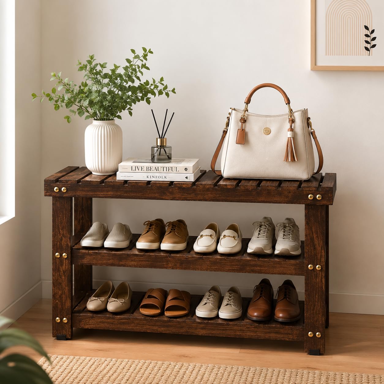 Solid Mango Wood 3 Tier Shoe Rack for Home | Wooden Shoe Organizer with Open Slatted Shelves | Space Saving Footwear Storage Stand for Entryway, Hallway, Bedroom & Living Room | 25D x 69W x 42H cm-image-26