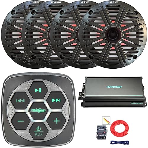 Marine Bluetooth 3-Zone Controller, 4X 6.5 195 Watt Peak Power 4 Ohm RGB LED Coaxial Speakers, 4X 6.5 Grille Speakers, 4-Channel 90 Watts x 4 Amplifier, 8 Gauge Wiring Kit