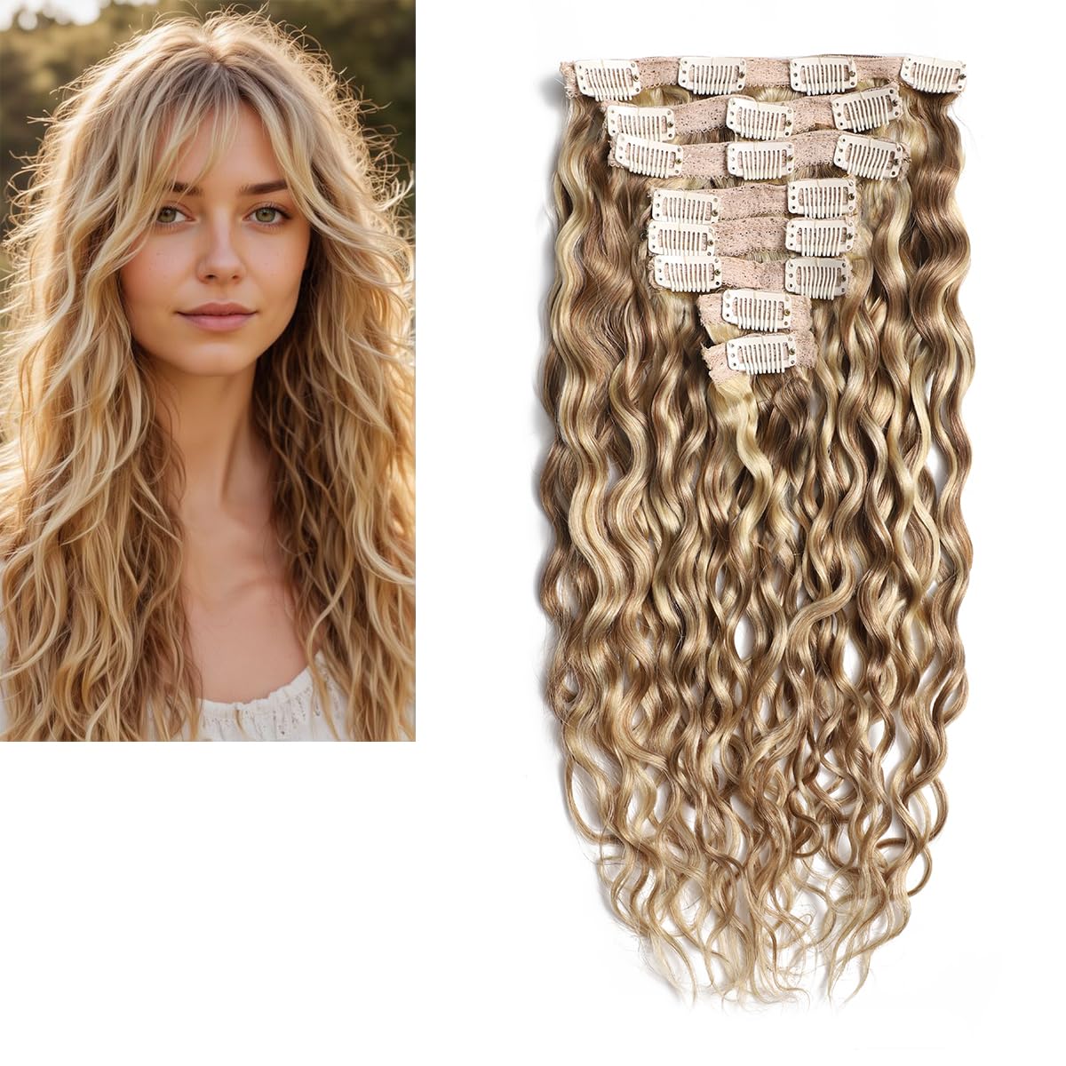 Extensiones de clip 9A de pelo natural rizado grande, con mechas balayage marrón y rubio, extensiones de pelo humano Virgin Remy P8/613# 40cm/16pulg