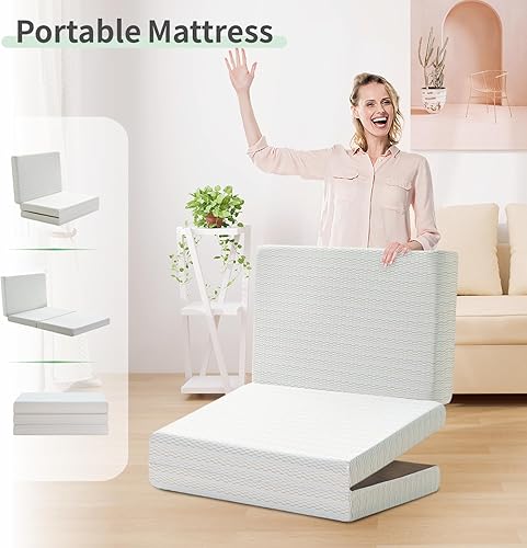 Miniatura 7 de MUUEGM Colchón plegable, colchón triple de espuma viscoelástica de 6 pulgadas, colchón plegable con funda extraíble, cubrecolchón triple para