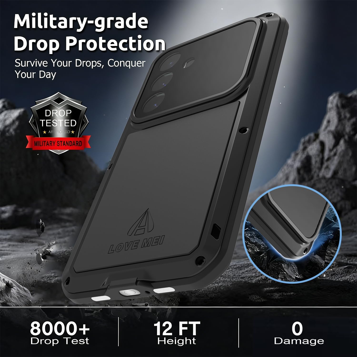 LOVE MEI Funda compatible con Samsung Galaxy S26, deportes al aire libre, militar, resistente, a prueba de golpes, a prueba de polvo, aluminio híbrido, metal, silicona y vidrio templado (negro)