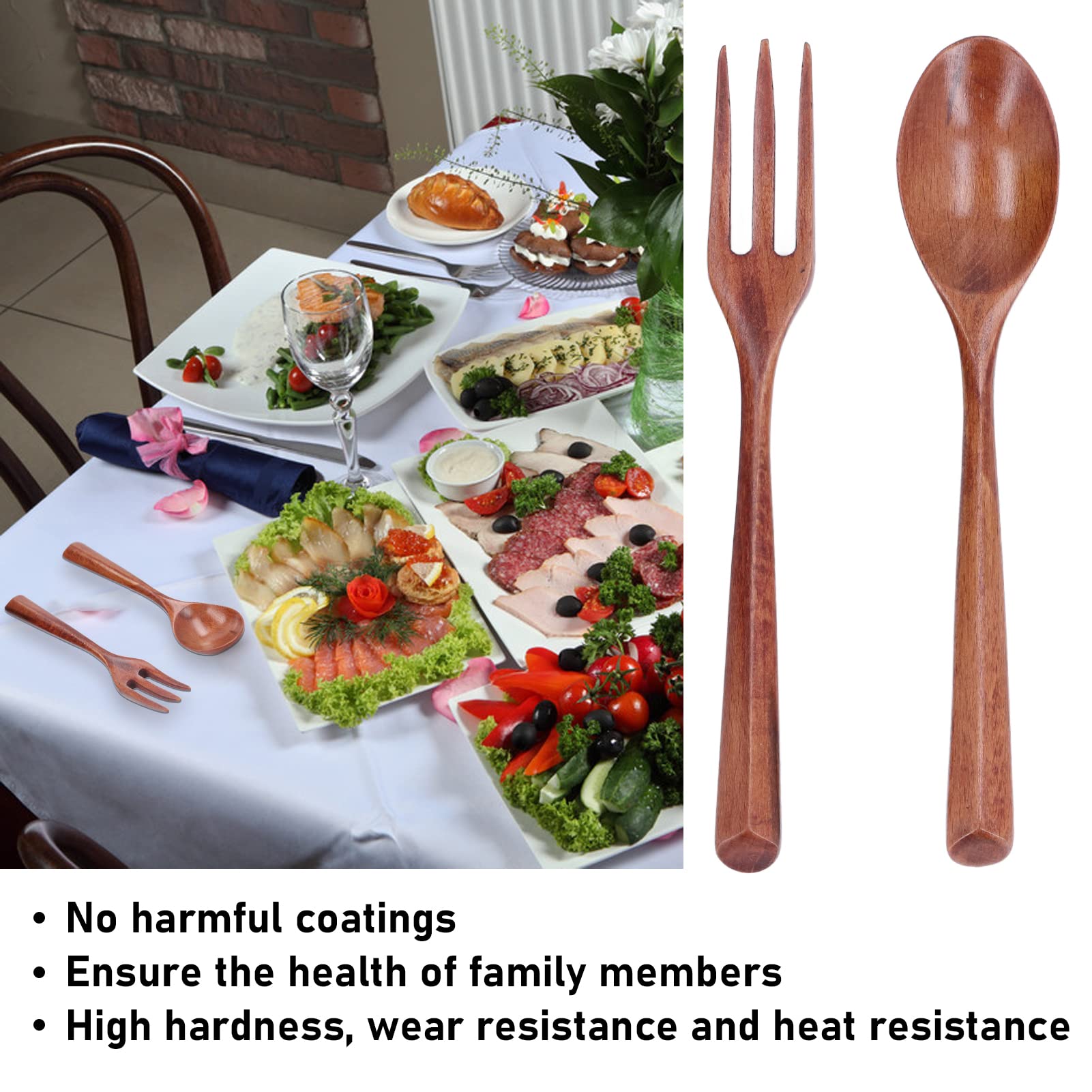 Gavigain 2Pcs Wooden Fork Spoon Set, Heatproof High Hardness Dinnerware Tableware for Childrens