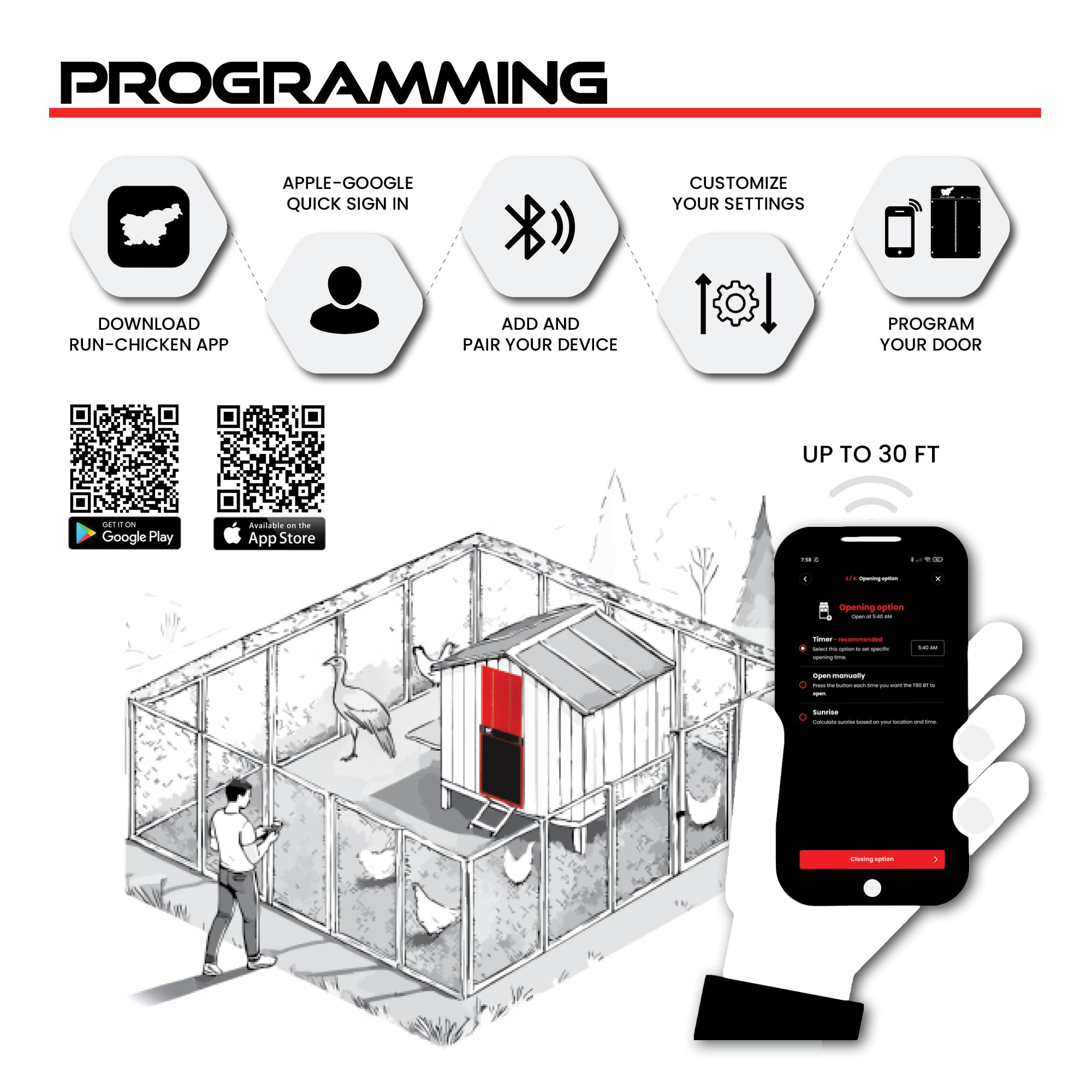 Run‑Chicken Door Giant Red – Puerta automática roja para gallineros Grandes, Funciona con Pilas AA, Control por App, Sensor de luz, Temporizador con retardo y Aluminio Resistente para Exteriores