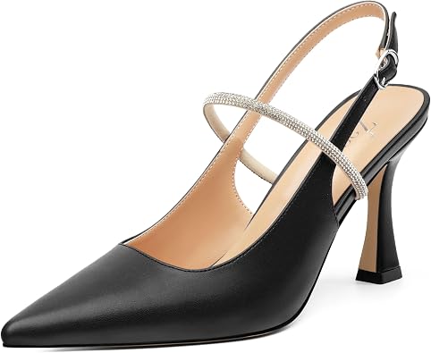 Womens Slingback Heels, Pointed Toe Kitten Heels Crystal Ankle Strap Adjustable Buckle Stiletto High Heel Pumps Dress Shoes for Women Office Wedding Party 3.35