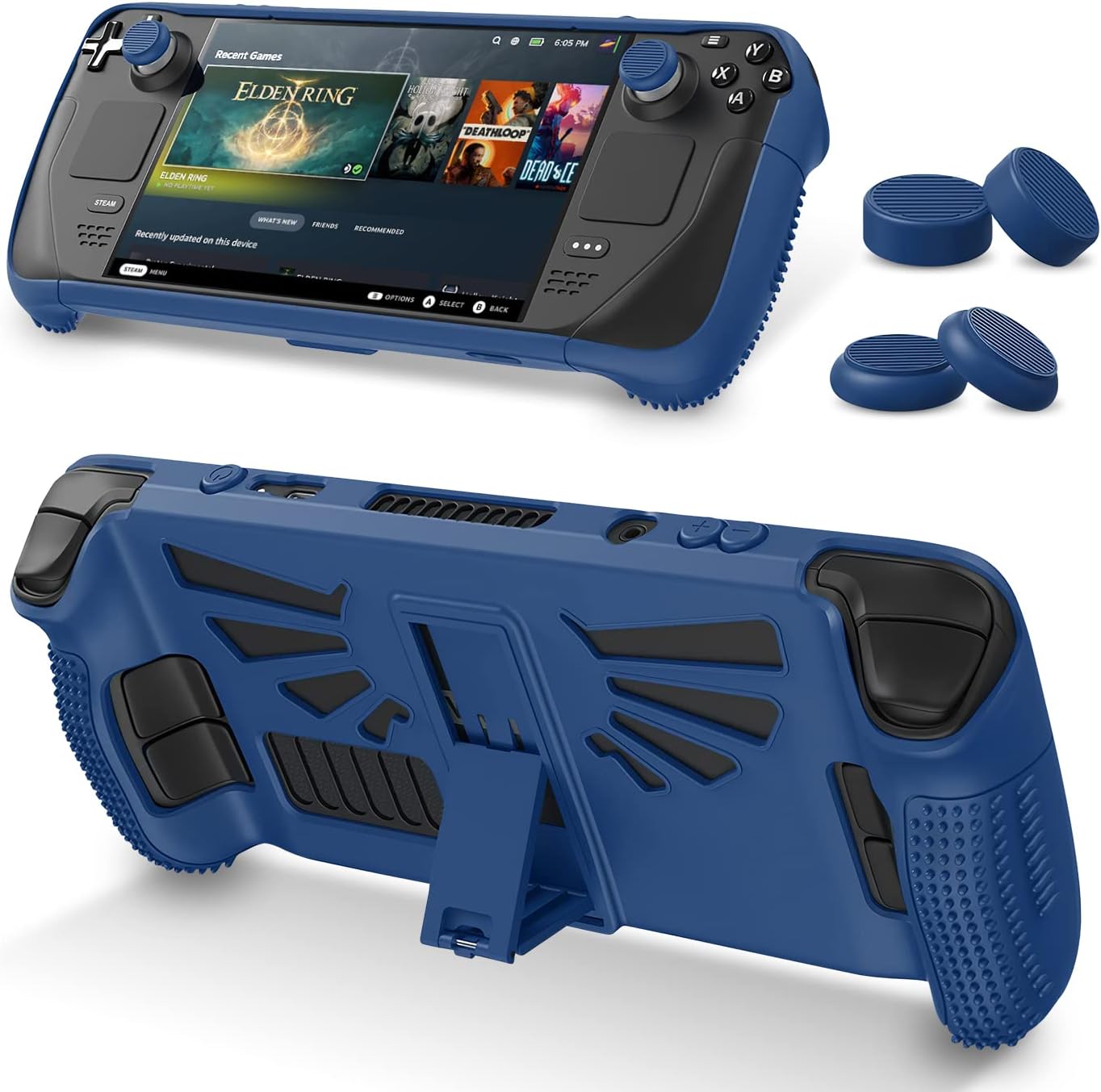 Steam Deck Case with Stand , Kickstand TPU Accessories Protector Case for Valve Steam Deck Console, Stream Deck Protective Cover Skin Shell with 2 Pairs Silicone Thumb Grips Caps-Blue