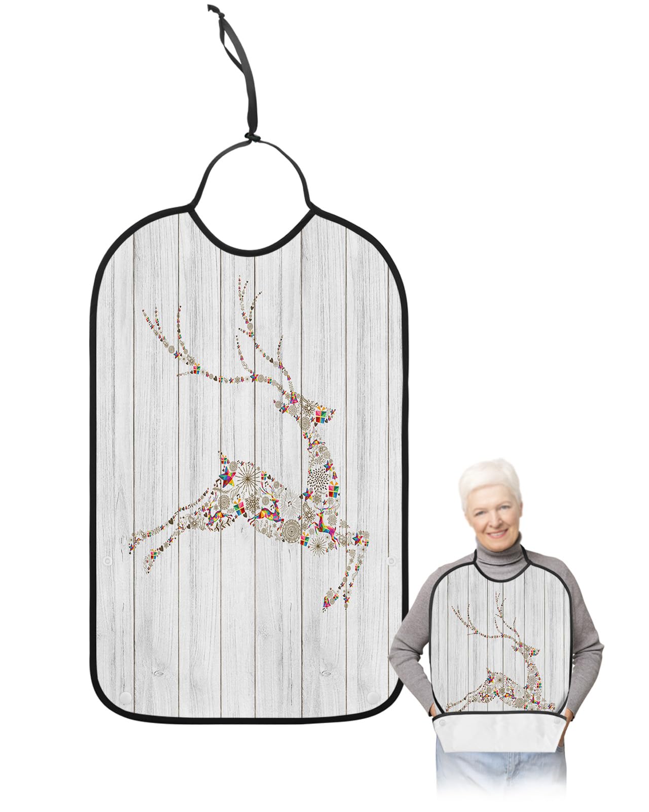Adult Bibs for Elderly Women - Christmas Elk Waterproof Dining Clothing Protectors with Crumb Catcher for Eating/Feeding, Vintage Wooden Xmas Deer Gifts Botanical Terry Cloth Bib Machine Washable