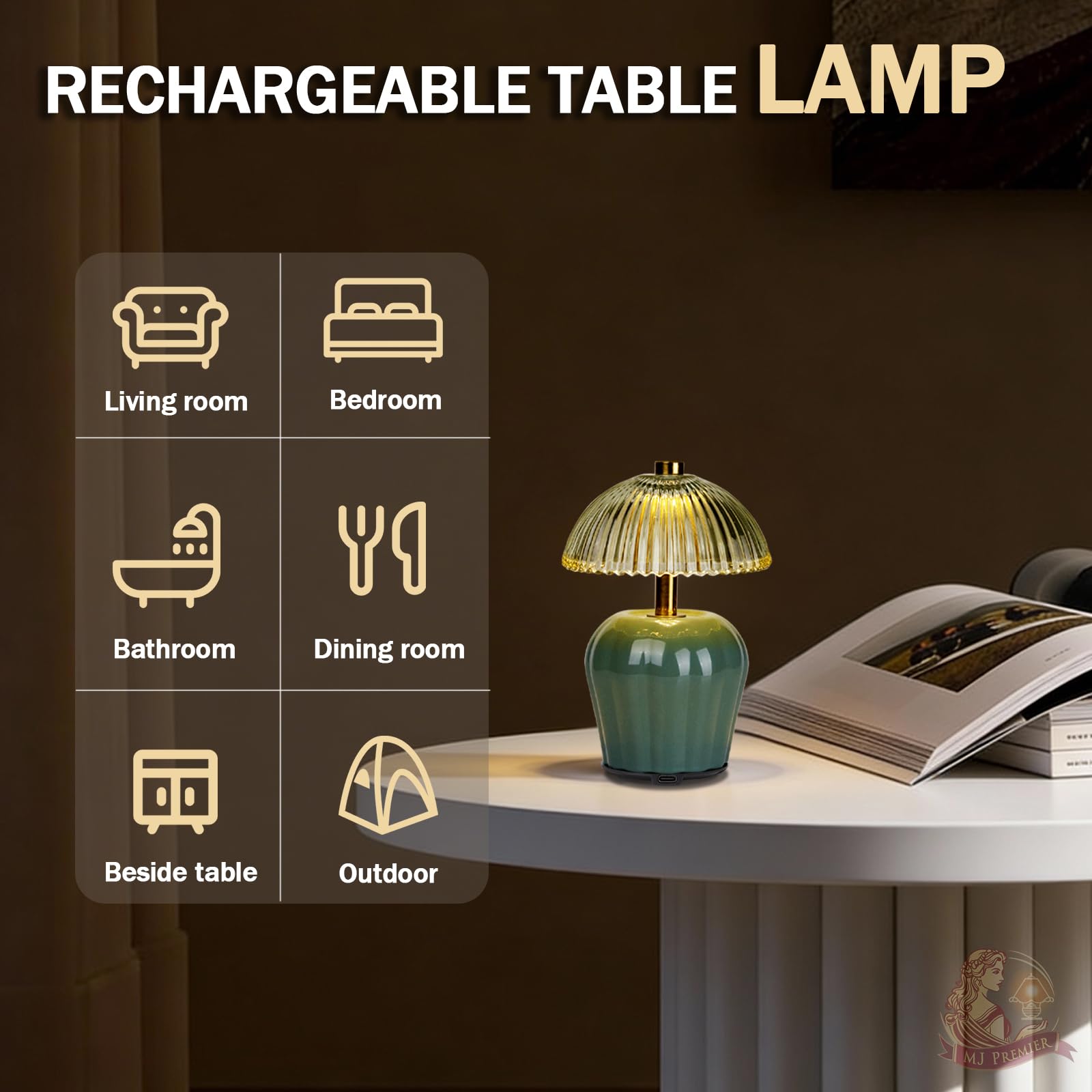 MJ PREMIER Lampada da tavolo ricaricabile, lampada senza fili con timer, mini paralume in vetro, piccole lampade da tavolo, luce LED decorativa per camera da letto, soggiorno, mensola (verde)