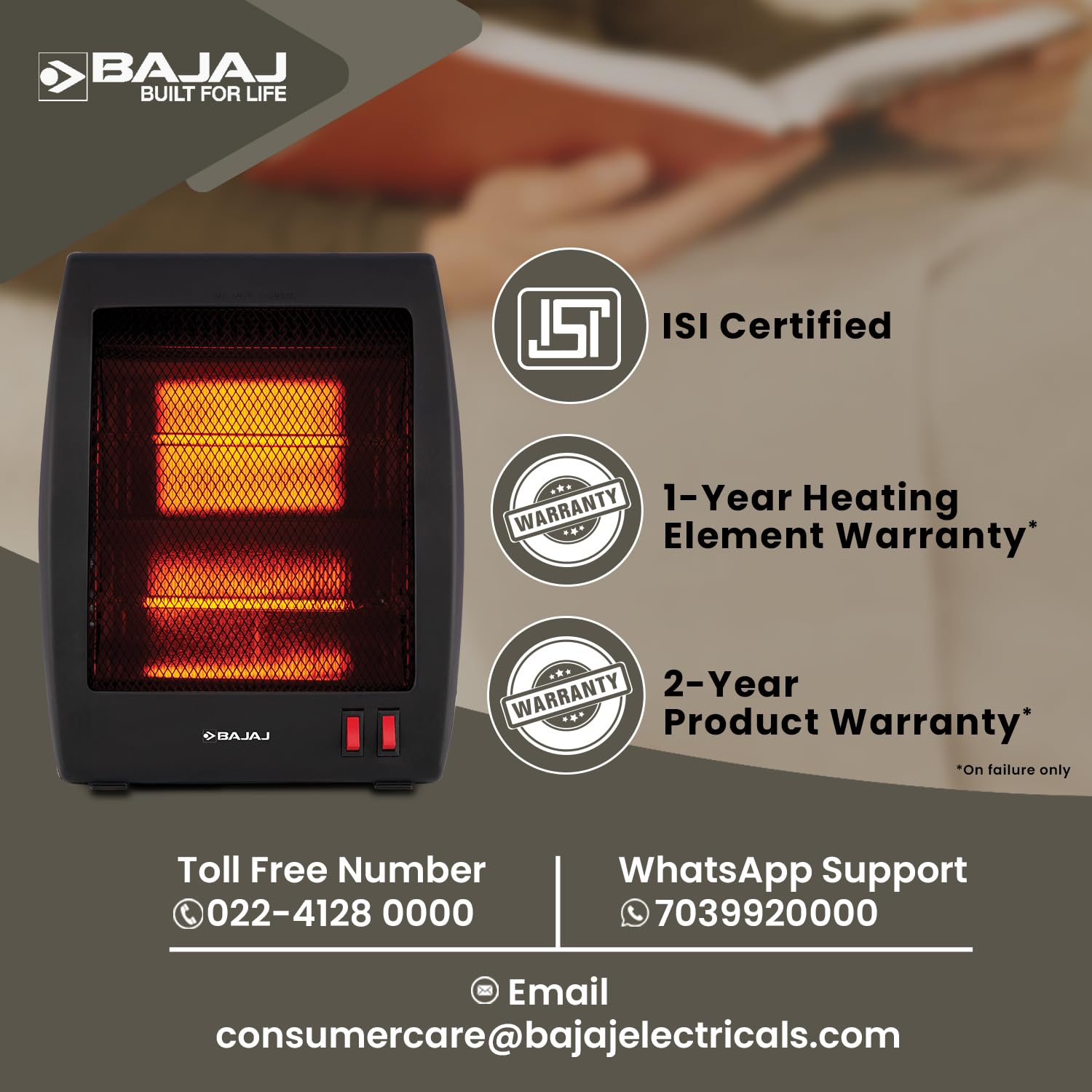 Bajaj RH2C Carbon 800 Watts Room Heater | 2 Heat Settings (400 W / 800 W) | DuraElements | Portable And Light To Carry | ISI Certified | 2 Yr Warranty 【Black】 2