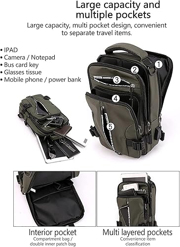 Vista 4 de successthop Bolsas cruzadas multifuncionales con puerto de carga USB, impermeable, bolsa de viaje casual para hombre (verde militar)