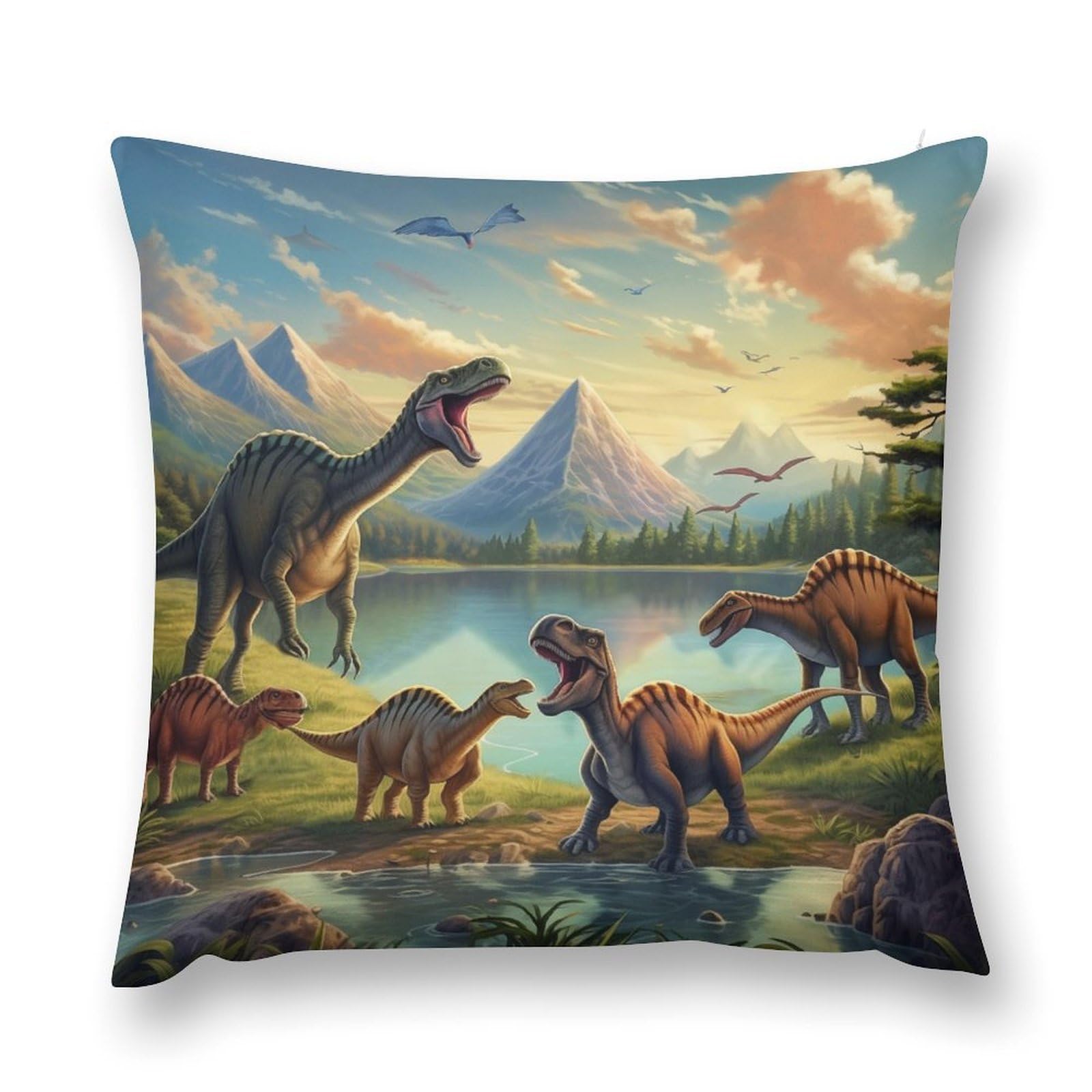 moderw Dinosaur Throw Pillow Cover, Tropical Jungle Landscape River Lake Pillowcases Dinosaurs Dinos Animal Couch Sofa Cushion Case for Home Decor Kids Bed 18x18inch
