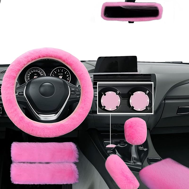 Kit de Acessórios Internos para Carro WenMei com Capa de Volante em Pele Sintética Rosa, 9 peças