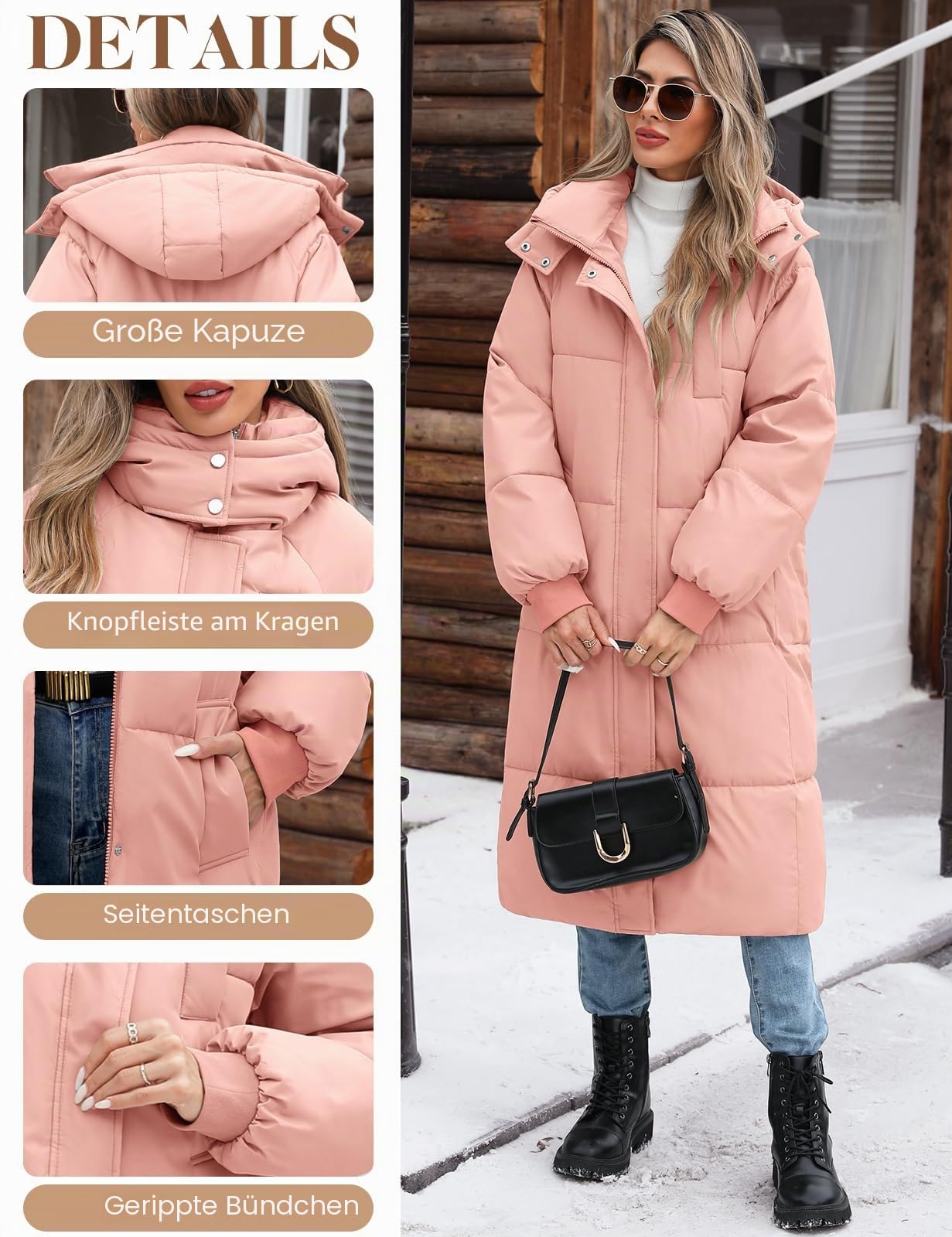 Wintermantel Damen Lang Steppmantel Frauen Winterjacke mit Kapuze Damen-Jacken Winter Daunenmantel Puffer Mantel Warme Herbst Winterparka mit Taschen
