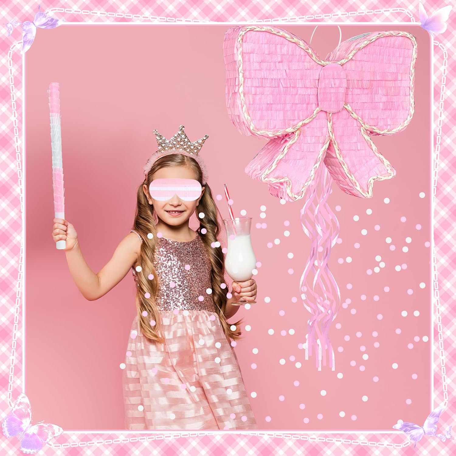 Pink Bow Piñata Bow Party Piñata with Tassel Stick Paper Blindfold Mask Confetti Set for Pink Bows Birthday School Wedding Anniversary Bachelor Party Decoration, 15.8 x 12.6 x 3 Inch