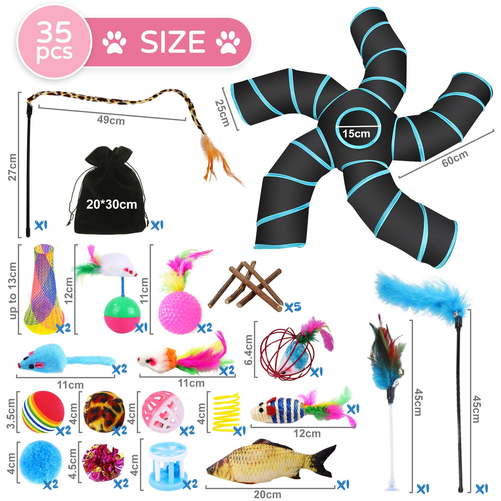 Juguetes para Gatos,35pcs Juguete Interactivo para Gato,Juguetes Gatos con Túnel para Gatos,Ratones,Varita de Plumas,Peces,Bolas y Campanas,Juego de Túnel para Gatos Tubo de 5 Vías
