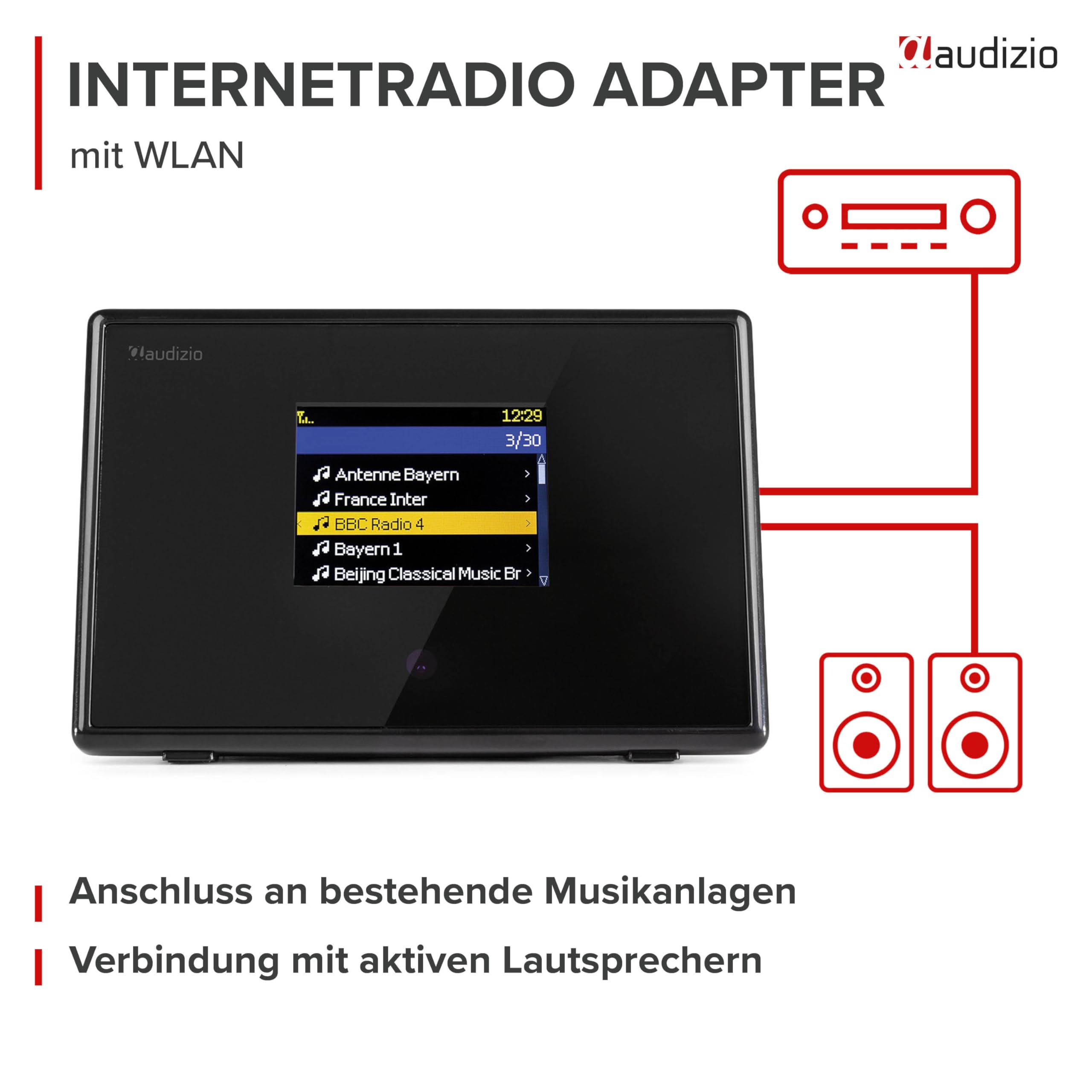 Audizio Turin Internetradio Adapter WLAN & Bluetooth - WLAN Radio Tuner für Stereoanlage & Aktivboxen - Internet Radio Receiver - 2,4" Farbdisplay, Line-Out, Wecker & Fernbedienung - Schwarz