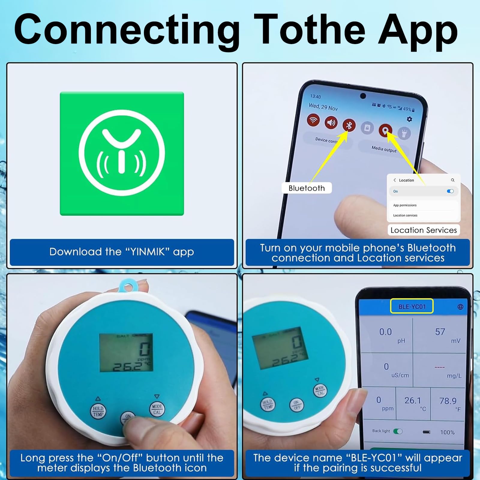 Medidor De Agua para Piscinas Bluetooth 6 En 1, Medidor De Cloro Flotante Bluetooth, Medición De Ph, EC, Orp, Cloro, Salinidad Y Temperatura, para Piscinas, Spas E Hidroponía.