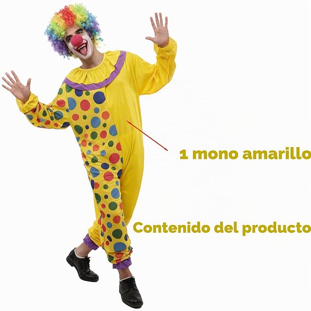 Foto 2 de 8 de Carnavalife Disfraz de Payaso para Adulto Unisex, Mono Amarillo con Lunares Multicolor para Carnaval