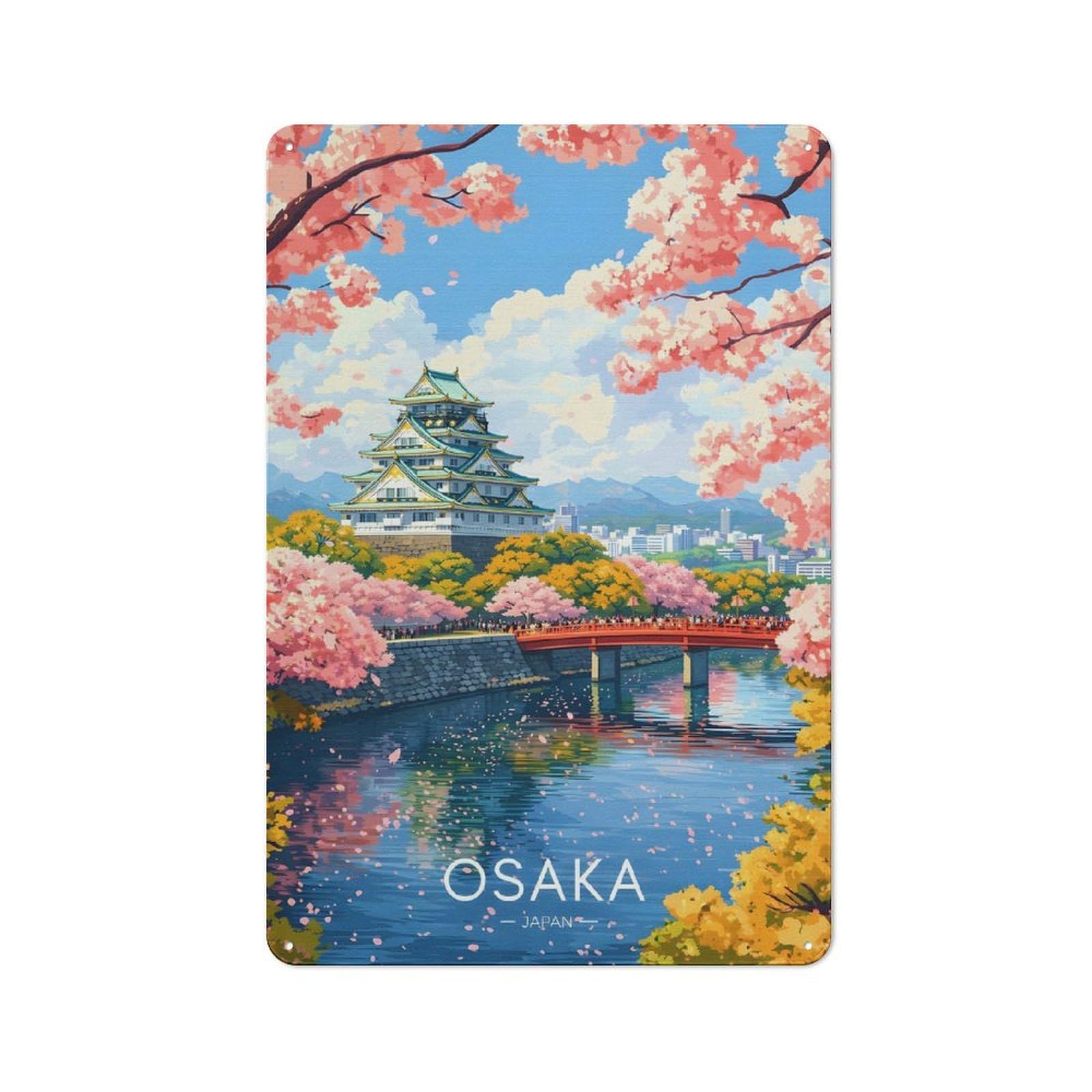 Modern Retro Decorative Metal Plaque 30x20cm Featuring Osaka Castle with Cherry Blossoms(2), Loft Wall Plaque for Flat, Bar, Studio Or Gallery Wall