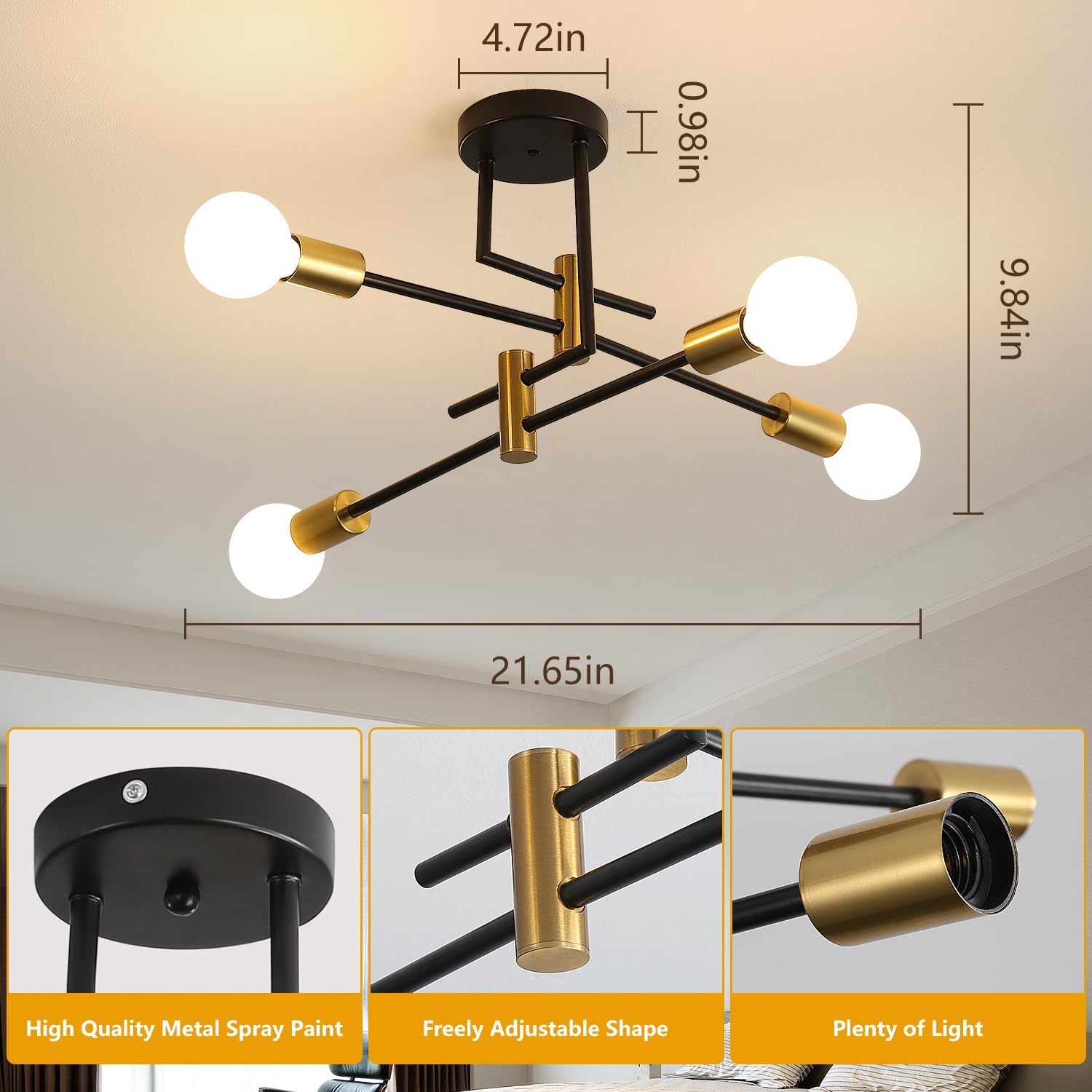 DELIPOP Sputnik Light Fixture, 4 Light Black and Gold Modern Sputnik Chandelier Ceiling Light, E26 Industrial Metal Semi Flush Mount Ceiling Light for Bedroom, Dining Room, Living Room, Kitchen