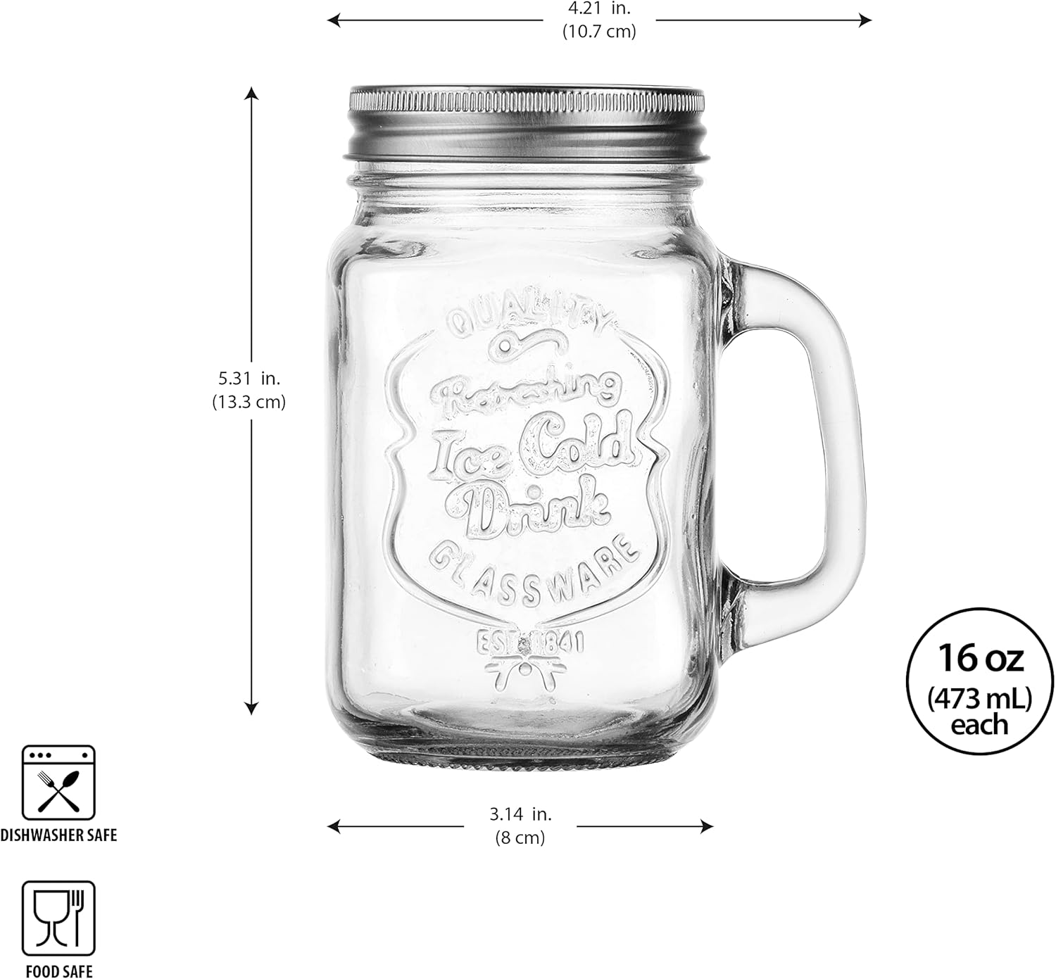 Glaver's Mason Drinking Jars – Set of 4, 15.25 Oz Clear Glass Jar with Handle and Lid. – Ice-Cold Drink Glassware Logo – Glass Mugs Ideal for Cold Beverages, Juice, Smoothie, Cocktails. - Image 3