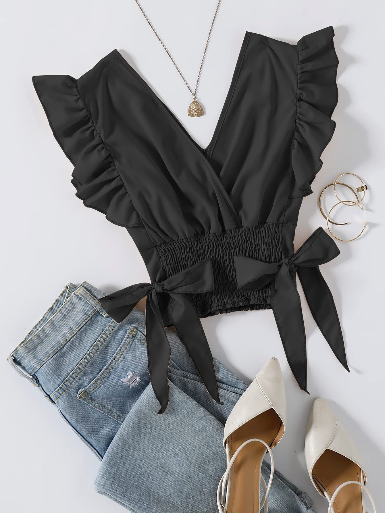 LYANER Women's V Neck Ruffle Cap Sleeve Side Bow Knot Shirred Hem Blouse Crop Tank Top