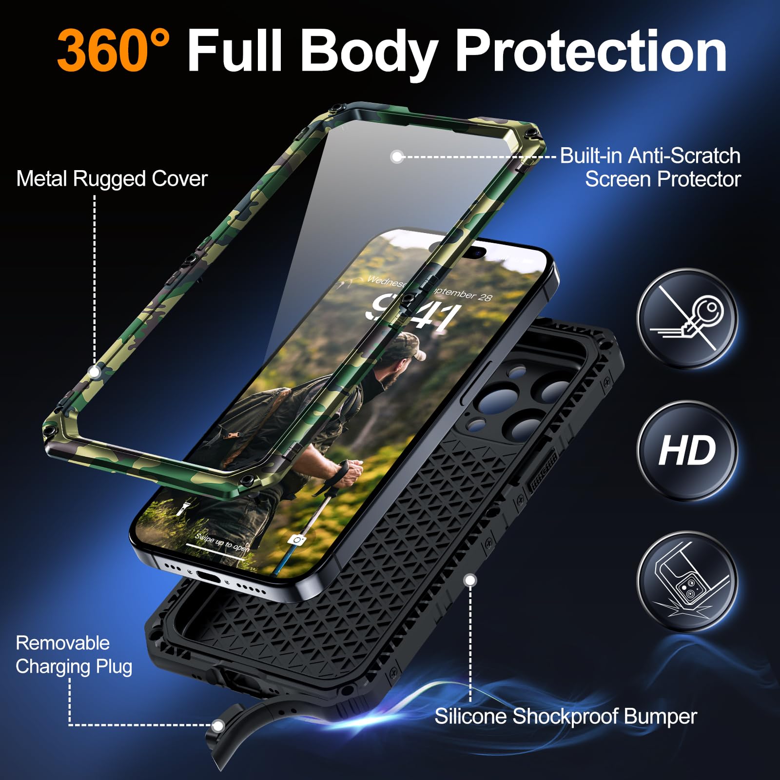 Mitywah Wasserdichte Hülle für iPhone 15 Pro, robuste, stoßfeste Hülle mit integriertem Displayschutz, Ganzkörper-Unterwasser-Schutzhülle, Metallhülle, 6,1 Zoll, Camouflage