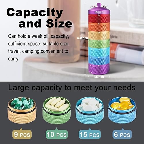 Miniatura 2 de Organizador semanal de pastillas de metal para viajes al aire libre, aluminio, impermeable, a prueba de golpes y tiene grandes compartimentos para