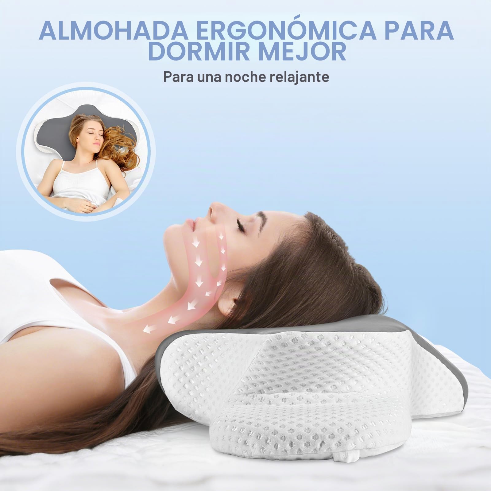 Almohada Cervical, Almohada Cervicales y Cuello Ergonómica Viscoelástica, Pillow Cervical para Mejorar el Sueño y Reducir Dolor de Cuello, Almohada para Dormir de Lado con Funda Extraíble