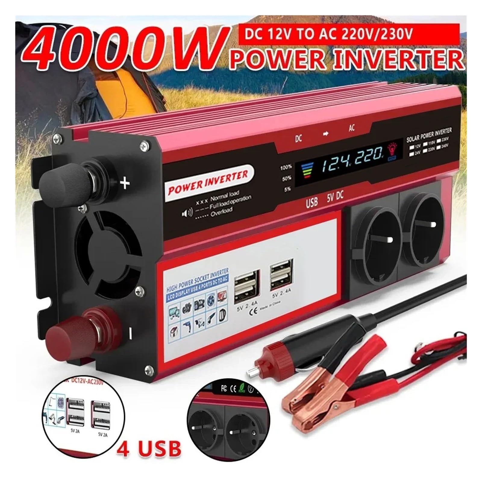 Convertisseur Tension Onduleur 4000 W 3000 W DC 12 V vers AC 220 V 230 V pour Camping-Car Téléphone Voiture Transformateur avec 4 Prises USB UE Affichage LED(4000W)