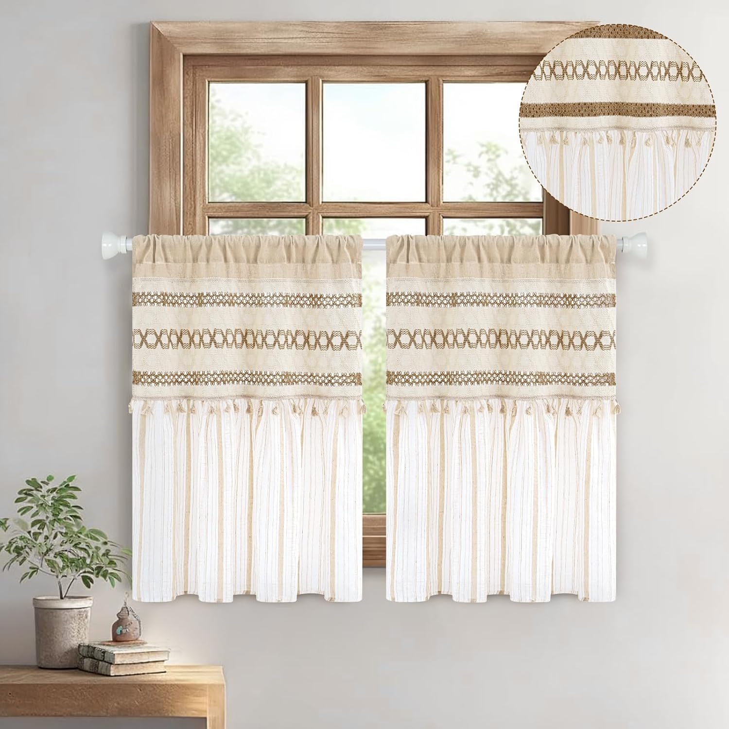 FRAMICS Farmhouse Kitchen Curtains 36 Inch Length Striped Short Curtain for Windows Boho Crochet Small Window Curtains for Kitchen Rod Pocket Light Filtering Tier Curtain for Bathroom, Cafe