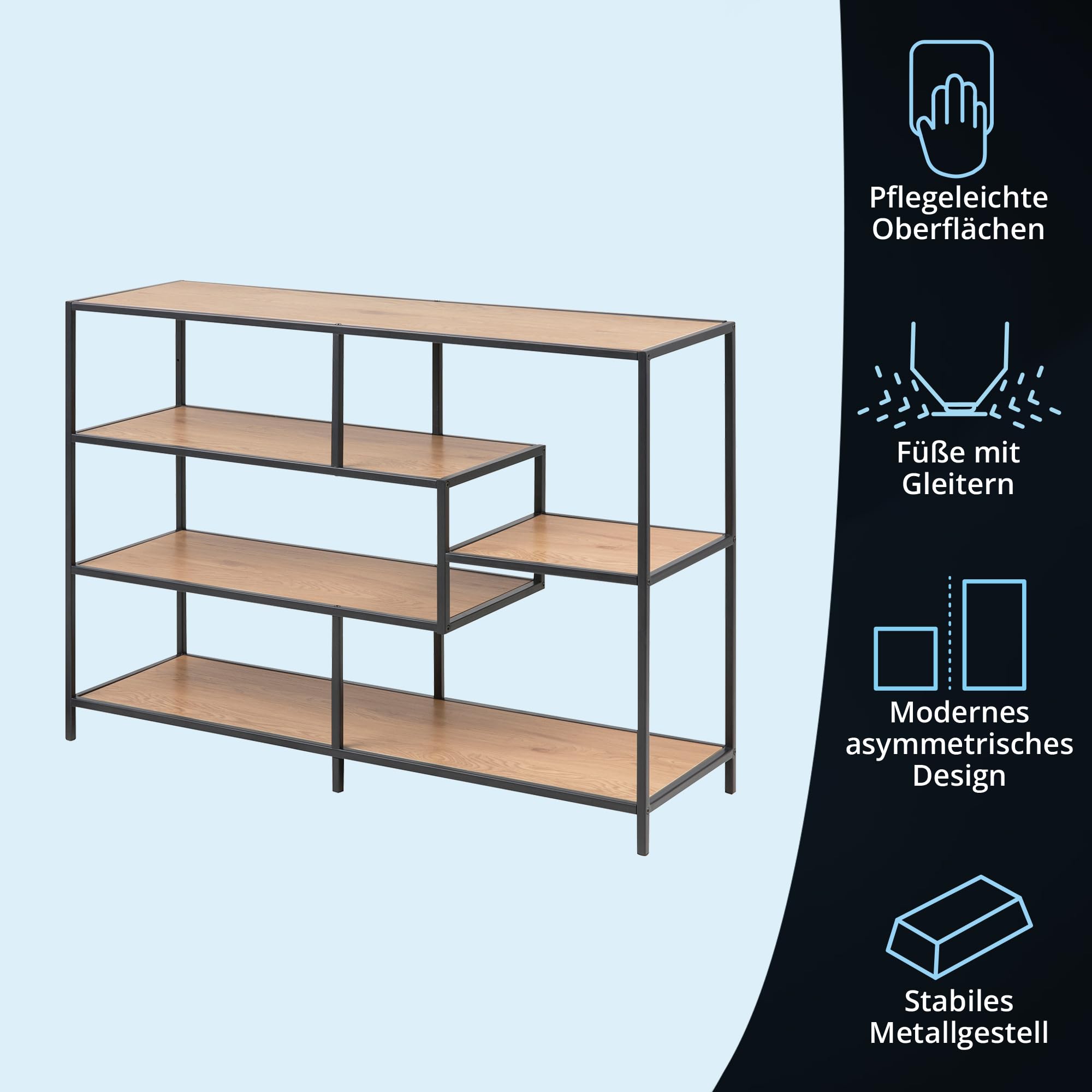 KHG asymmetrisches Regal, modernes Wandregal im Industrial Style, Standregal mit Metallgestell, Größe:114 x 78 x 35 cm, Holzwerkstoff foliert in Wildeiche, Korpus aus Metall pulverbeschichtet