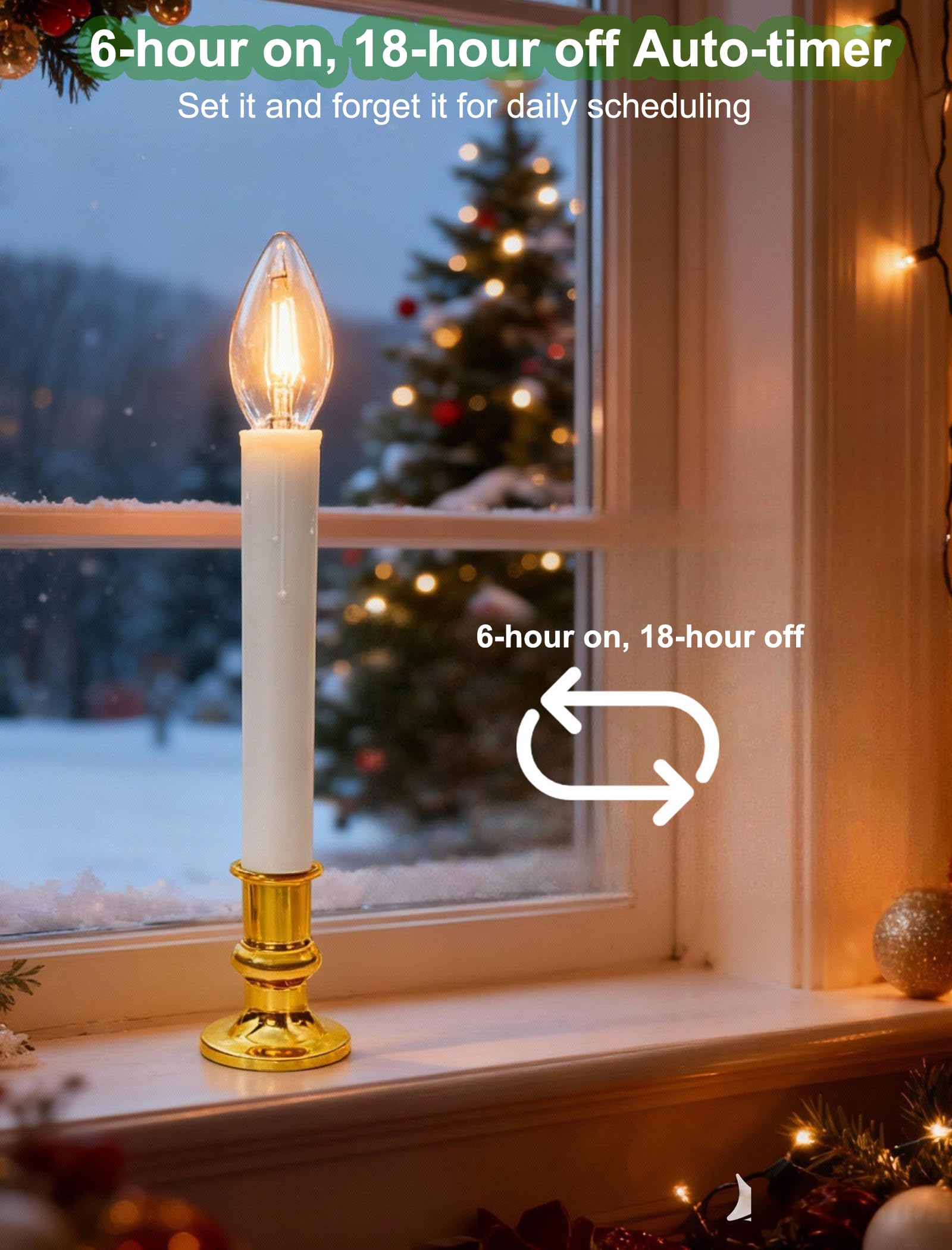 LED-Weihnachts-Fensterkerzen mit Timer, 26,7 cm, flammenlose Kerzen mit C26 0,6 W weichen weißen Leuchtmitteln, E12-Sockel, batteriebetrieben mit 4,5 cm Messinghaltern und Saugnäpfen, für
