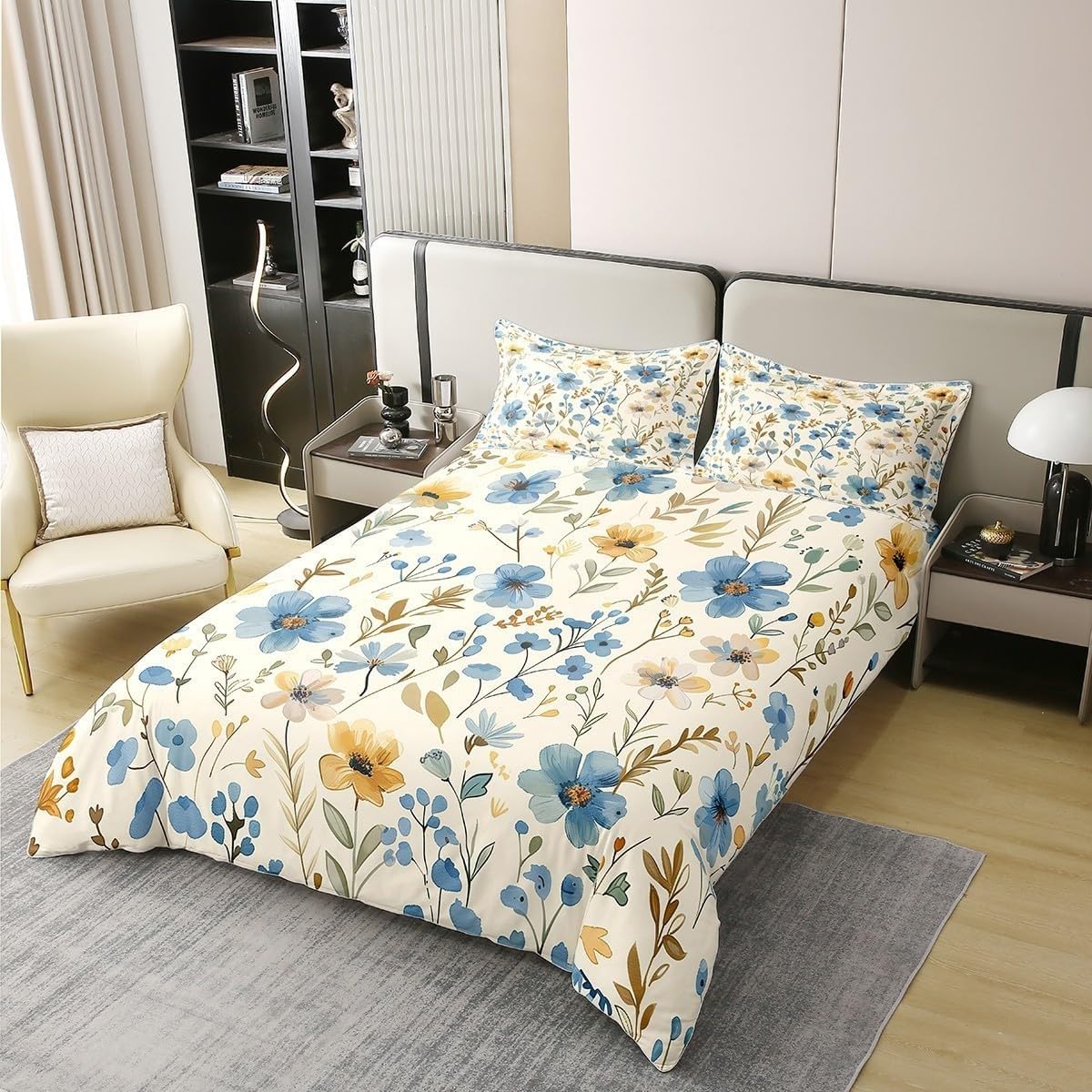 Flores Amarillo Azuladas Funda Edredon 220x240cm, Amarillo Claro Juego de Cama，Conjunto de 3 Piezas de Microfibra Suave y Transpirable, 2 Fundas de Almohada de 50x75cm AH131