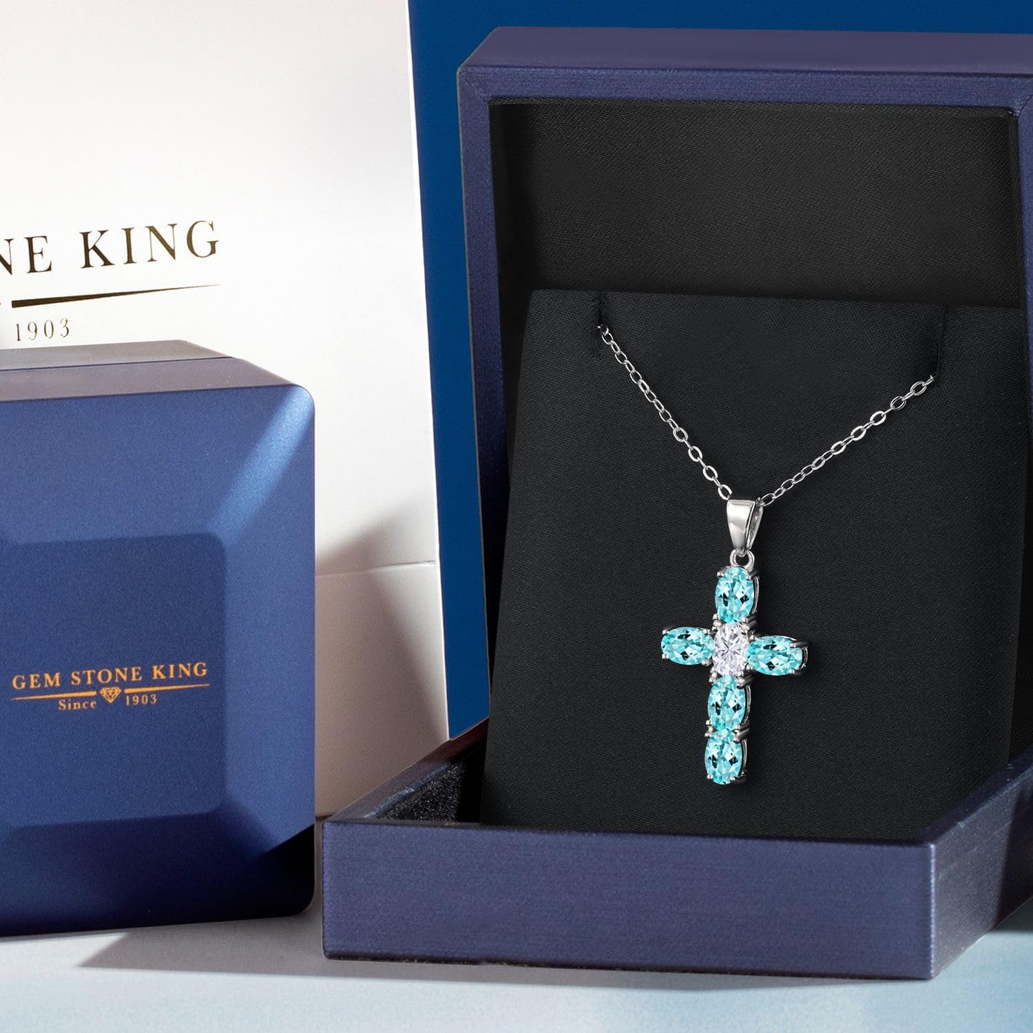 Gem Stone King 925 Sterling Silver Blue Apatite and White Moissanite Cross Pendant Necklace for Women | 3.12 Cttw | Gemstone Birthstone | Oval 6X4MM | With 18 Inch Chain - Image 5