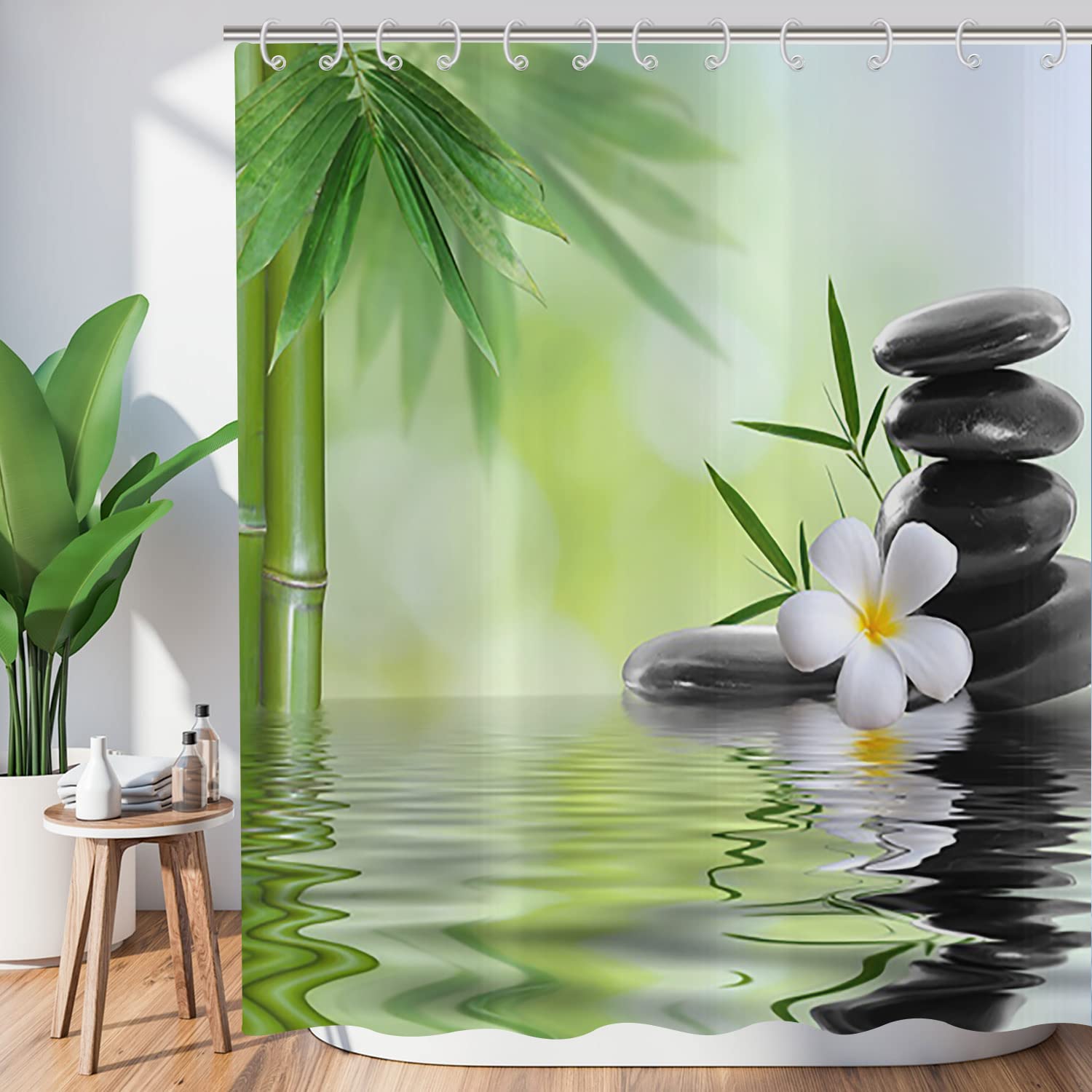 Hnmdmyi Zen Garden Shower Curtain 180x240, Spa Green Bamboo Black Stone White Flower Bathroom Curtains Japanese Meditation Relaxing Waterproof Polyester Fabric Washable Bath Curtains with Hooks — image 1