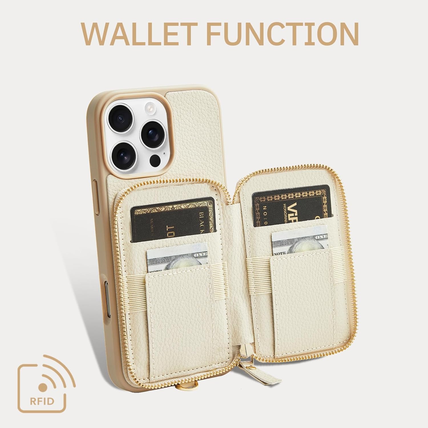 ZVE Compatible with iPhone 16 Pro Case Wallet, Zipper Leather Card Holder with RFID Blocking Detachable Wrist Strap for Women for iPhone 16 Pro, 6.3"-Beige - Image 2