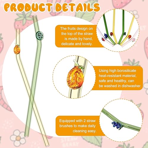 Miniatura 3 de 6 pajitas de vidrio con diseño reutilizables para beber frutas de 0.311 x 0.315in, lindas pajitas reutilizables coloridas para fiestas de frutas, 6