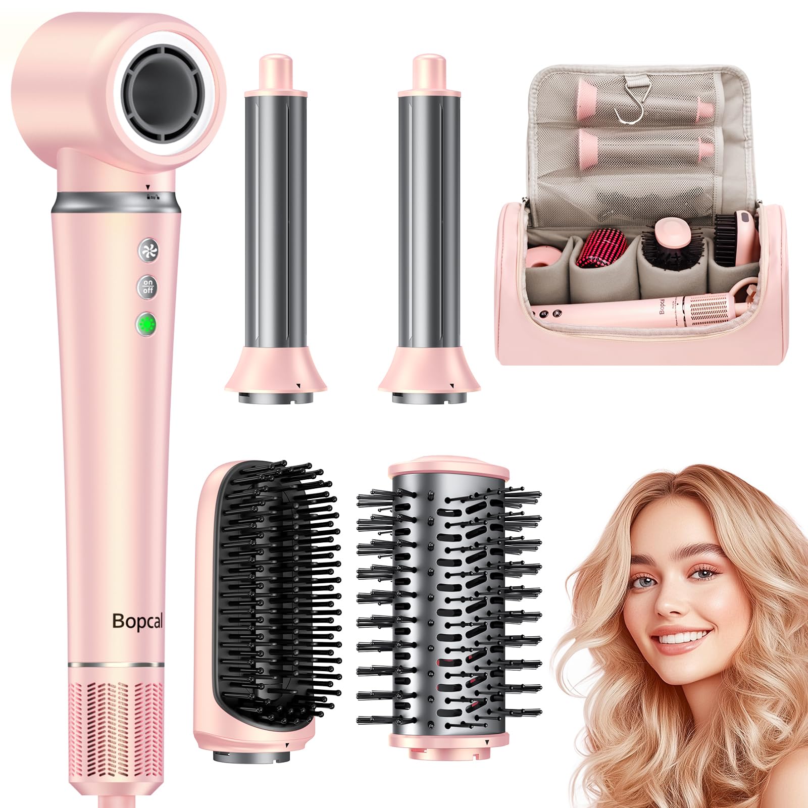 Bopcal 5 in 1 Airstyler mit Reisetasche, Professioneller Hairstyler Set mit 160000 U/Min Ionen Föhn, Auto-Wrap Lockenstab,Volumenbürste,Glätteisen, Zum Schnelles Trocknen & Volumen für Alle Haartypen
