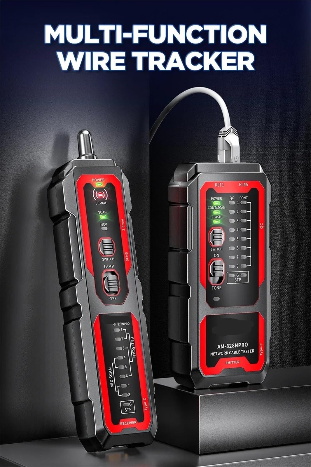 Tester Kabli Sieciowych, Zestaw testerów kabli sieciowych, ładowanie przez USB, testowanie PoE, NCV, flashowanie portu Ethernet, sprawdzanie zaciskania, zestawy lokalizatorów LAN(AM-818)